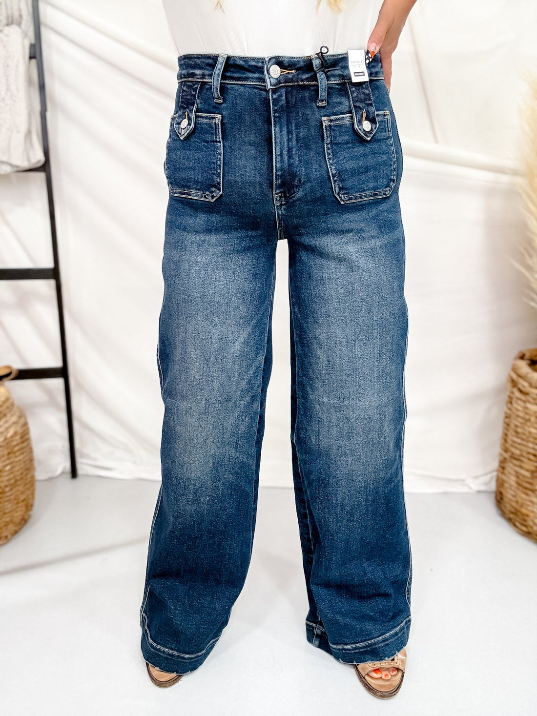 Judy Blue High Waist Lux Retro Wide Leg Jeans W/ Patch Pockets - Whiskey Skies - JUDY BLUE