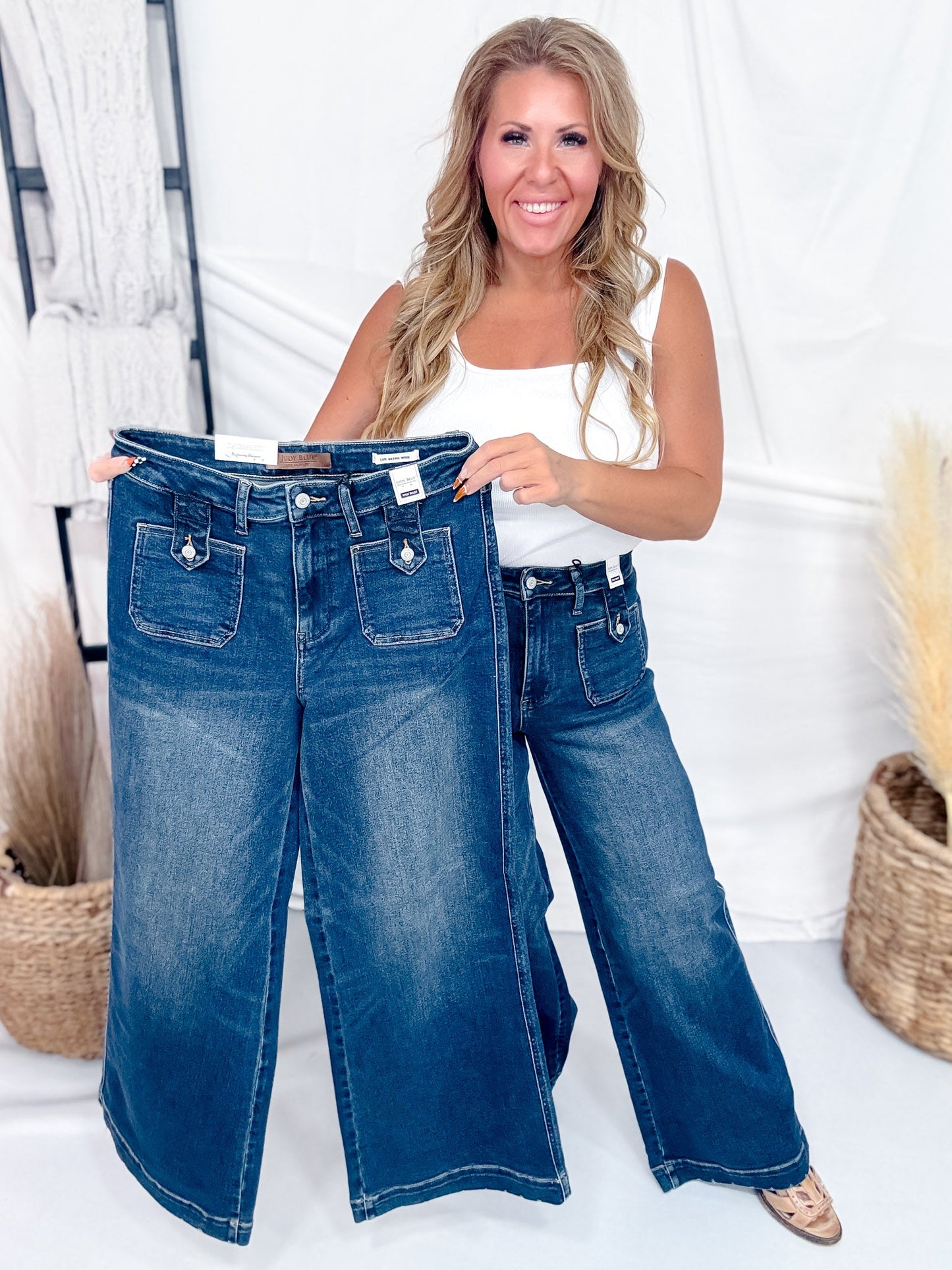 Judy Blue High Waist Lux Retro Wide Leg Jeans W/ Patch Pockets - Whiskey Skies - JUDY BLUE