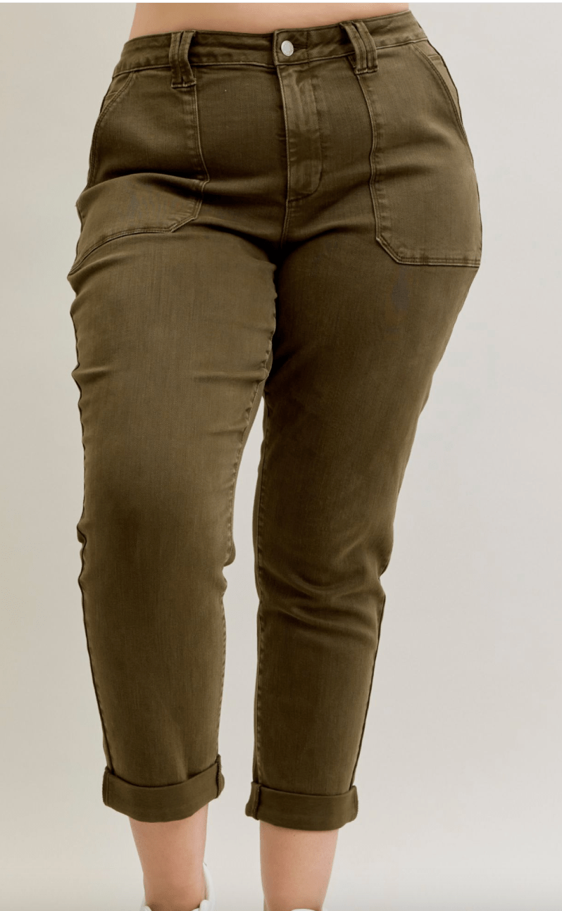 Judy Blue High Waist Midnight Forest Cuffed Aurora Jogger Jeans - Whiskey Skies - JUDY BLUE