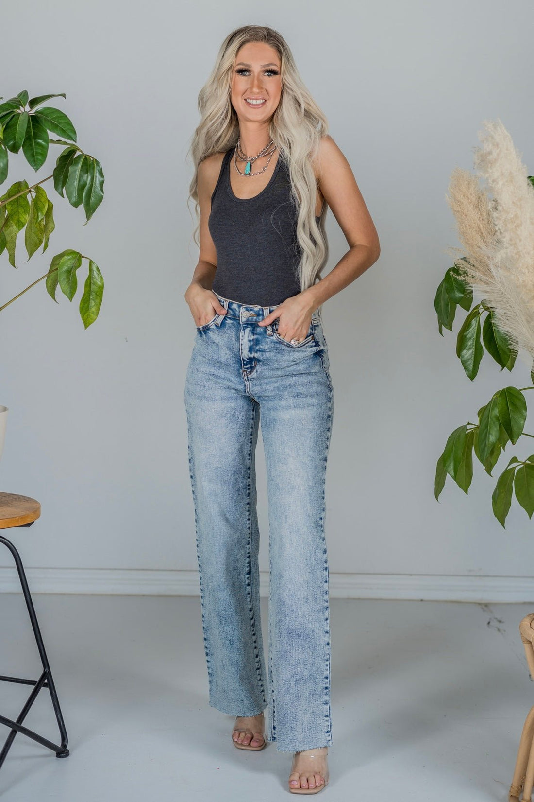 Judy Blue High Waist Mineral Wash Raw Hem Wide Leg Jeans - Whiskey Skies - JUDY BLUE