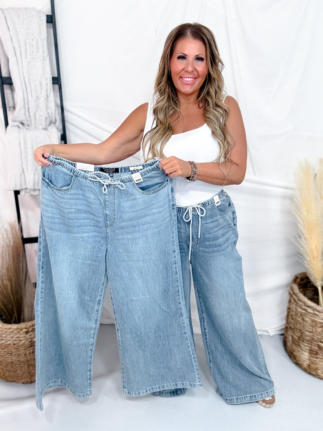 Judy Blue High-Waist Palazzo Featherweight Jeans W/ Drawstring - Whiskey Skies - JUDY BLUE