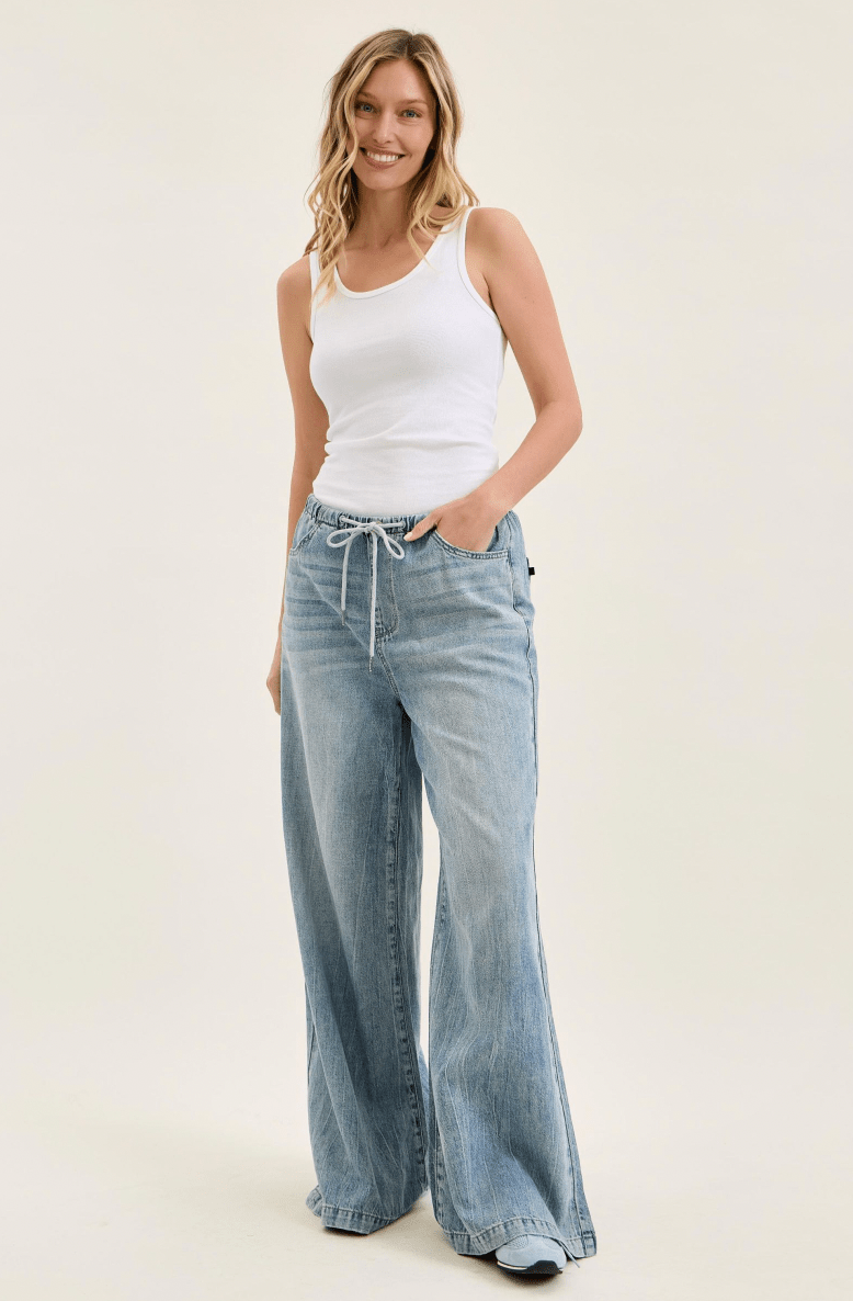 Judy Blue High-Waist Palazzo Featherweight Jeans W/ Drawstring - Whiskey Skies - JUDY BLUE