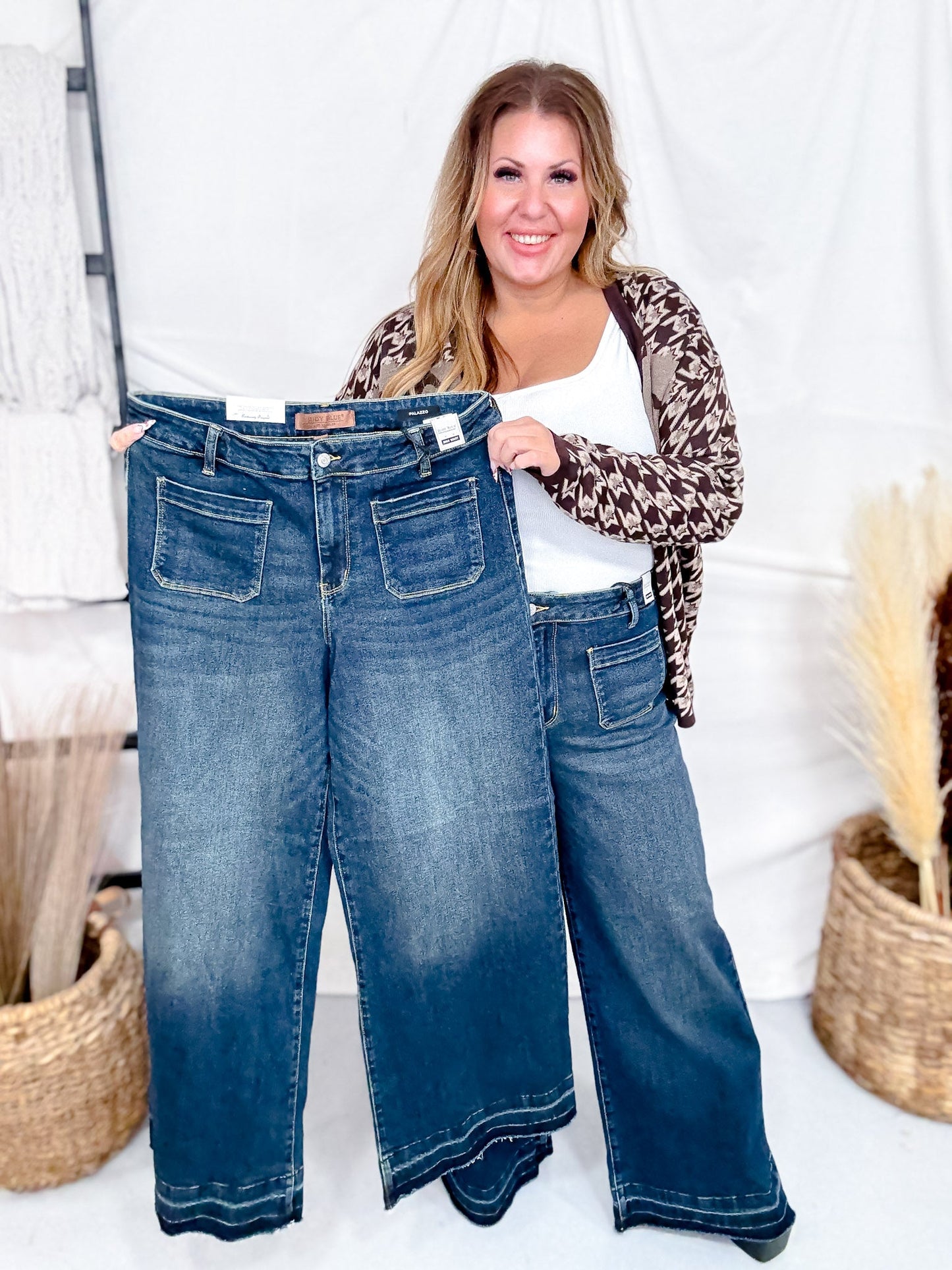 Judy Blue High - Waist Palazzo Front Patch Pocket Jeans - Whiskey Skies - JUDY BLUE