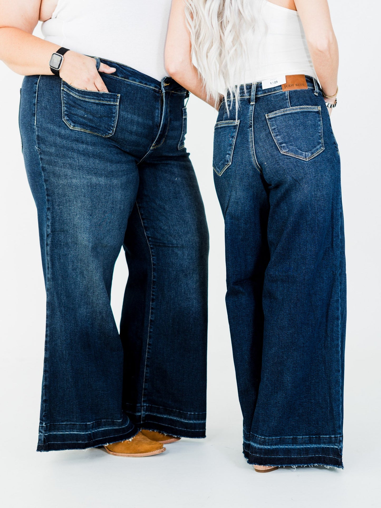 Judy Blue High - Waist Palazzo Front Patch Pocket Jeans - Whiskey Skies - JUDY BLUE