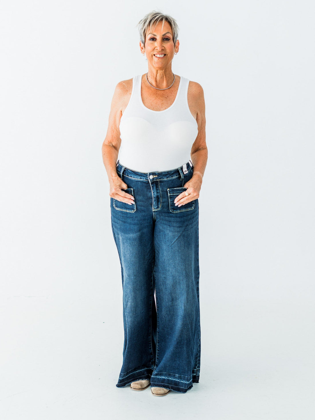 Judy Blue High - Waist Palazzo Front Patch Pocket Jeans - Whiskey Skies - JUDY BLUE