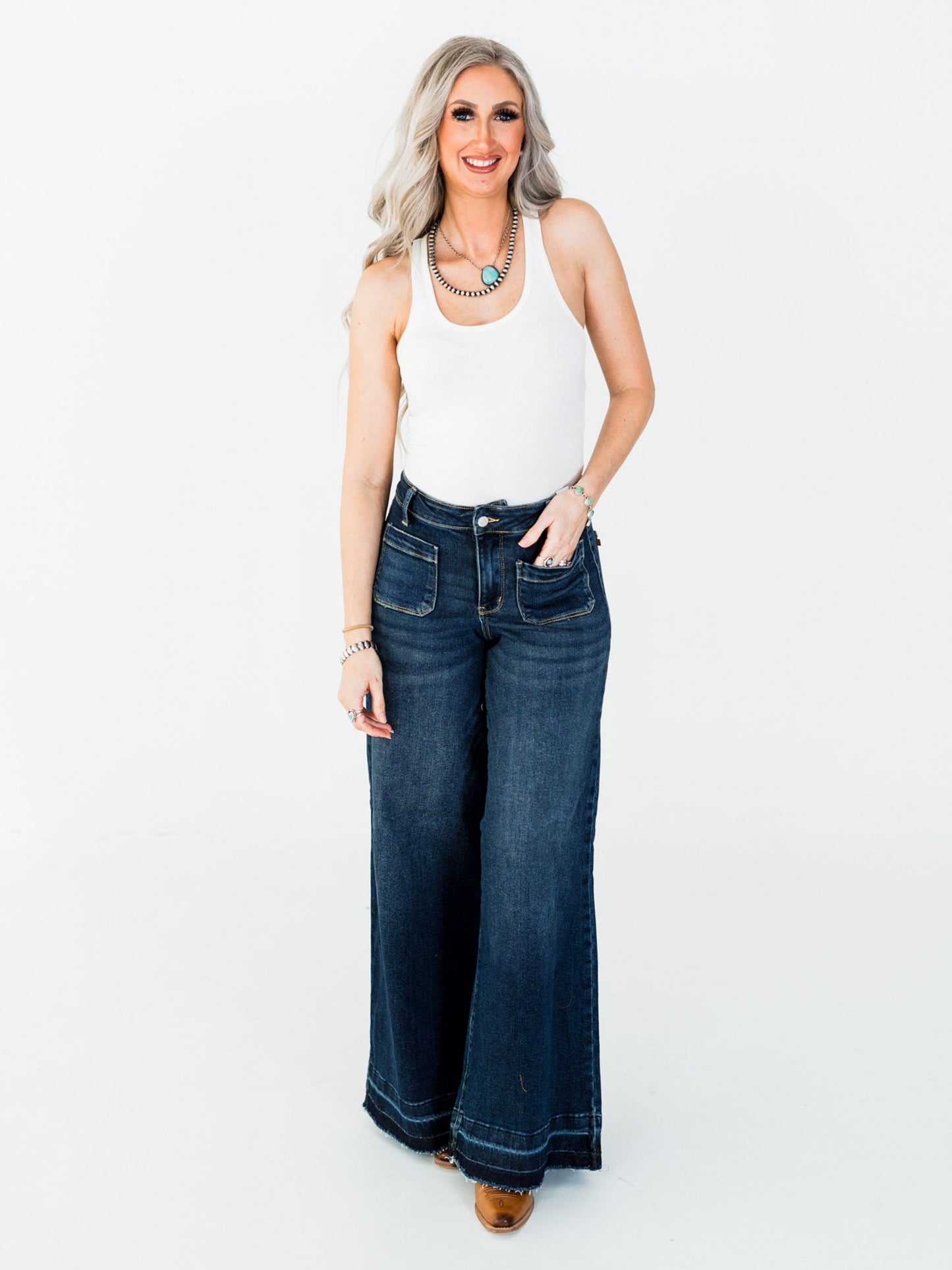 Judy Blue High - Waist Palazzo Front Patch Pocket Jeans - Whiskey Skies - JUDY BLUE