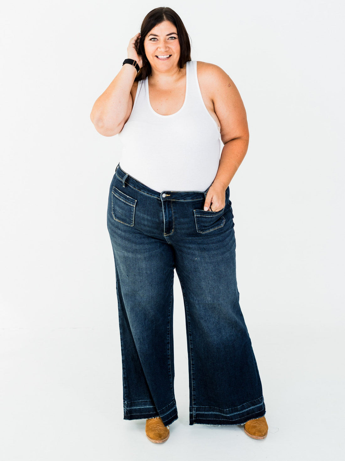 Judy Blue High - Waist Palazzo Front Patch Pocket Jeans - Whiskey Skies - JUDY BLUE