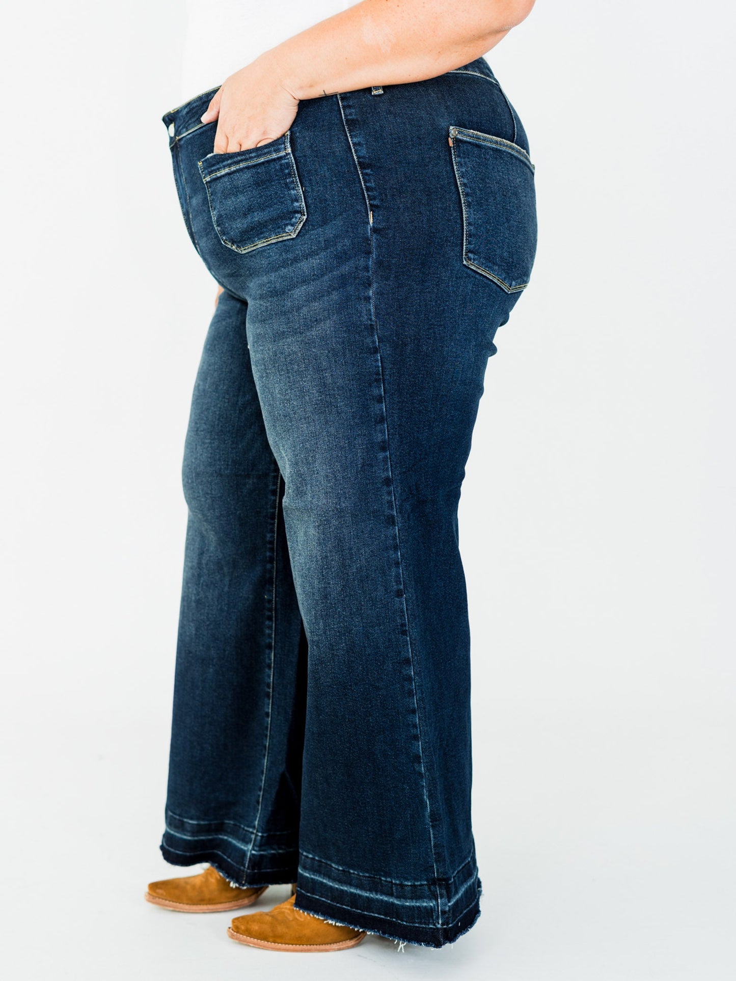 Judy Blue High - Waist Palazzo Front Patch Pocket Jeans - Whiskey Skies - JUDY BLUE