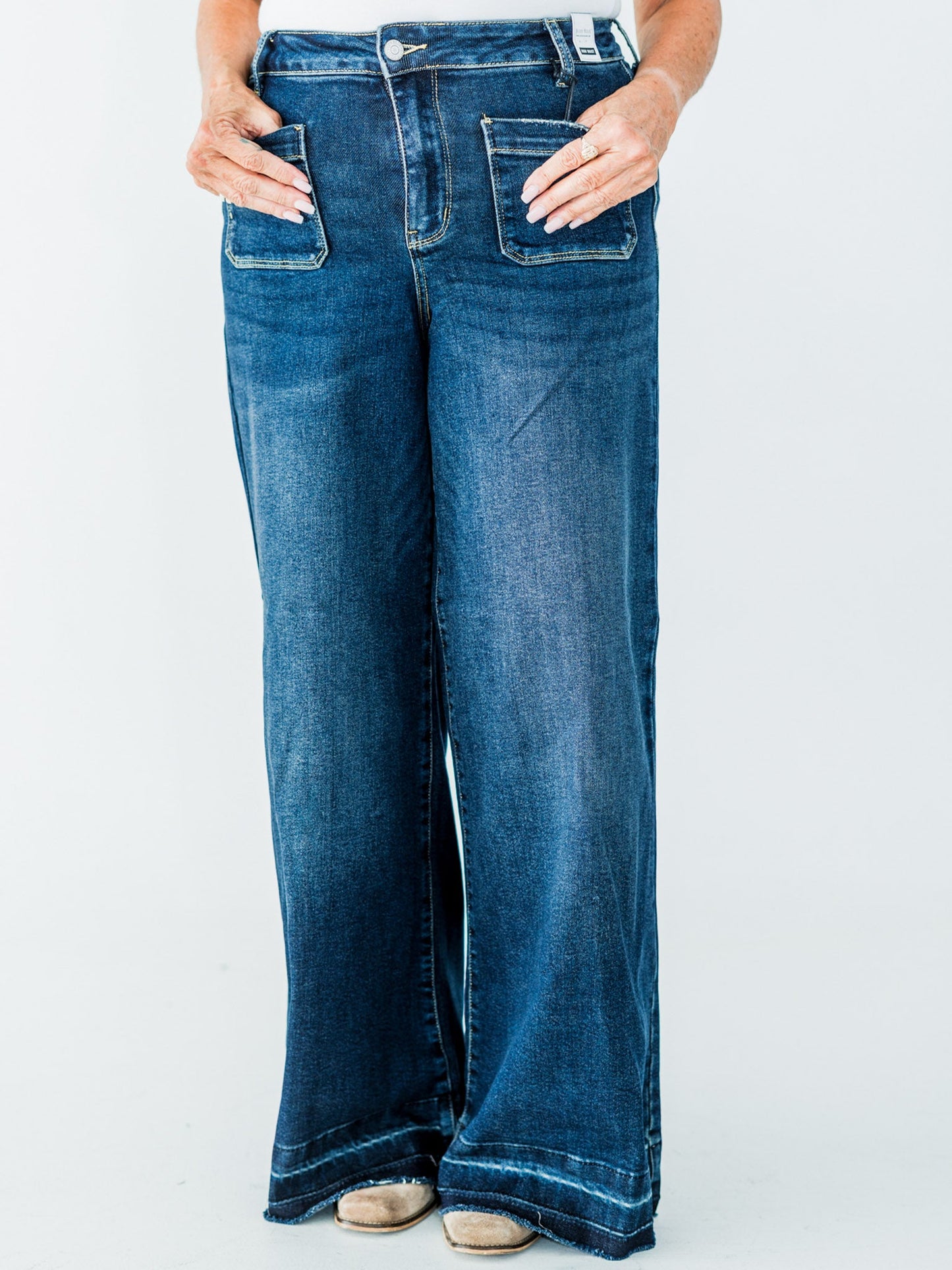 Judy Blue High - Waist Palazzo Front Patch Pocket Jeans - Whiskey Skies - JUDY BLUE
