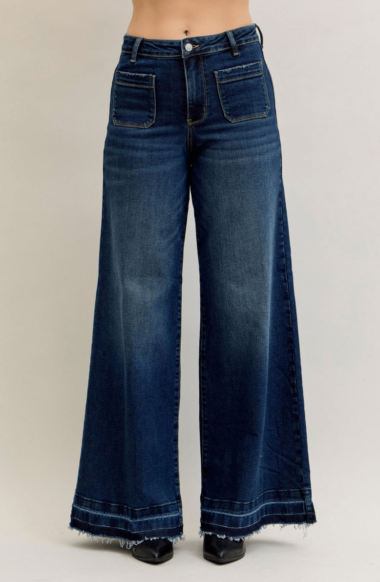 Judy Blue High - Waist Palazzo Front Patch Pocket Jeans - Whiskey Skies - JUDY BLUE