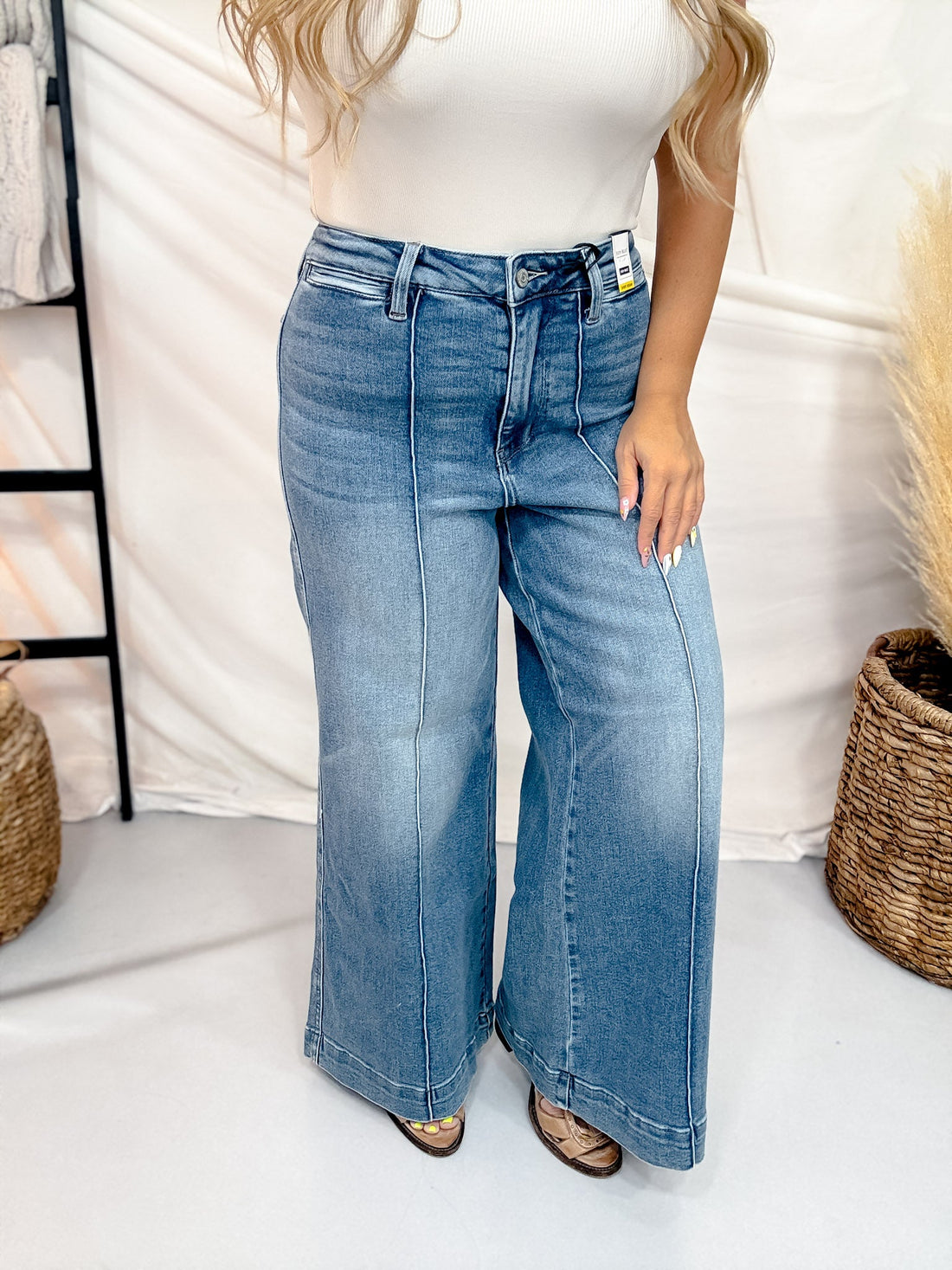 Judy Blue High Waist Palazzo Jeans With Center Seam (3 Inseams) - Whiskey Skies - JUDY BLUE