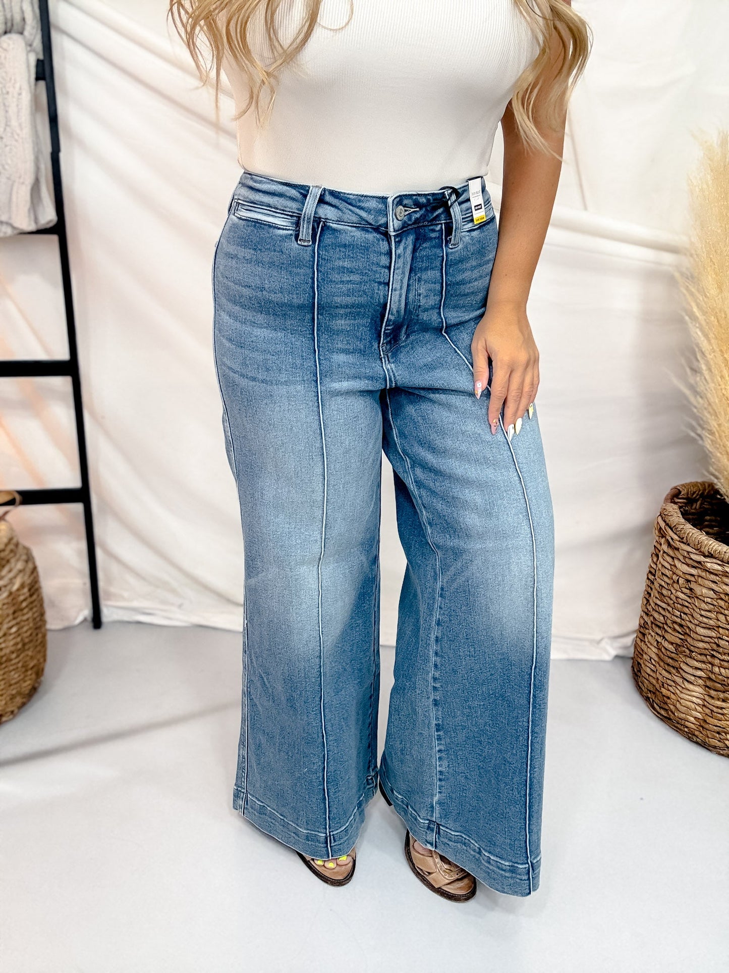 Judy Blue High Waist Palazzo Jeans With Center Seam (3 Inseams) - Whiskey Skies - JUDY BLUE