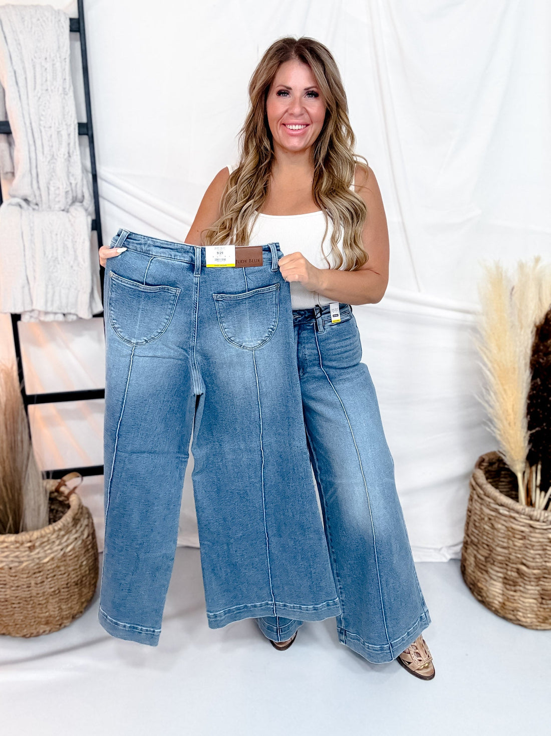 Judy Blue High Waist Palazzo Jeans With Center Seam (3 Inseams) - Whiskey Skies - JUDY BLUE