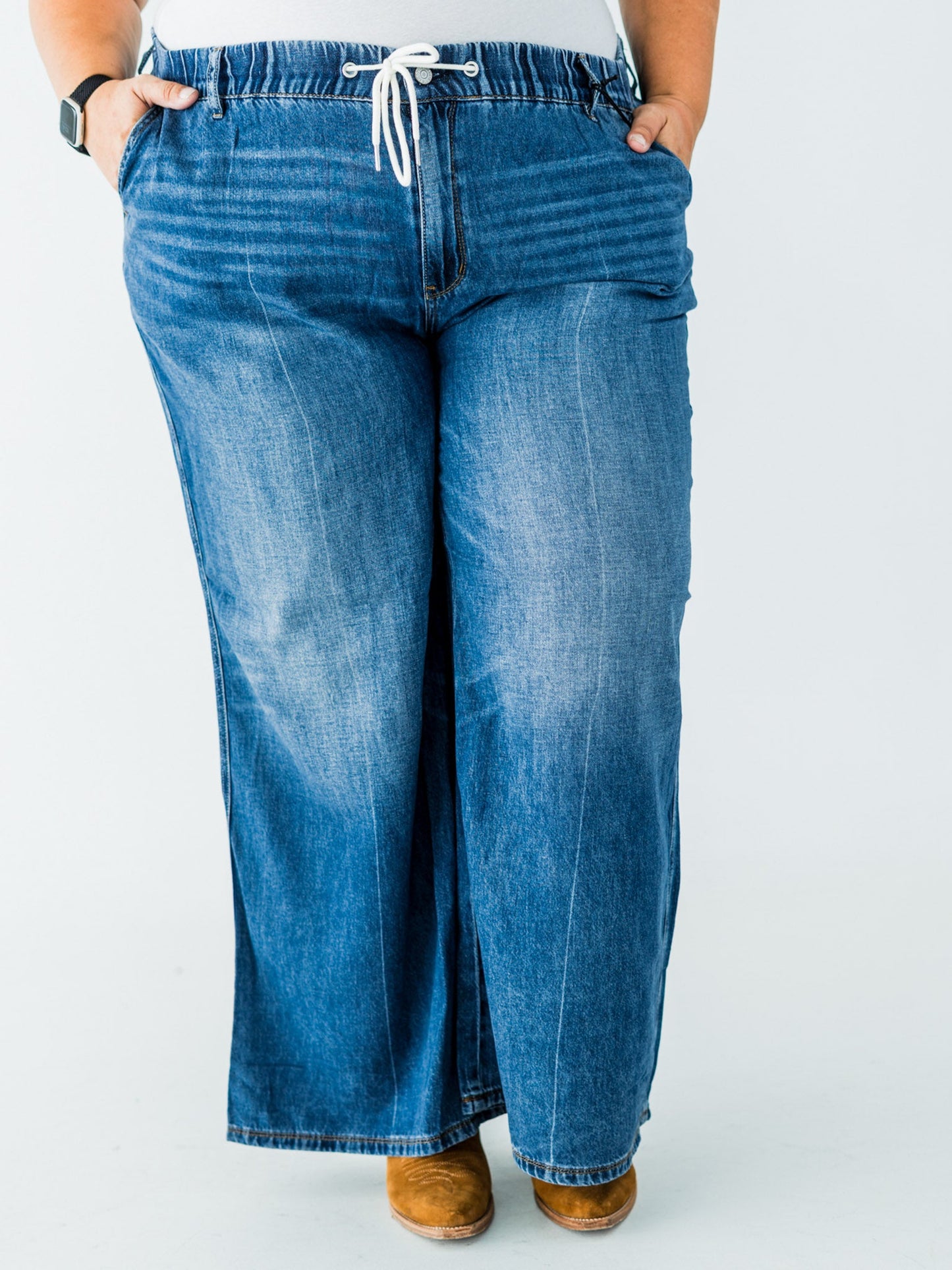 Judy Blue High Waist Palazzo Jeans With Drawstring Waist - Whiskey Skies - JUDY BLUE