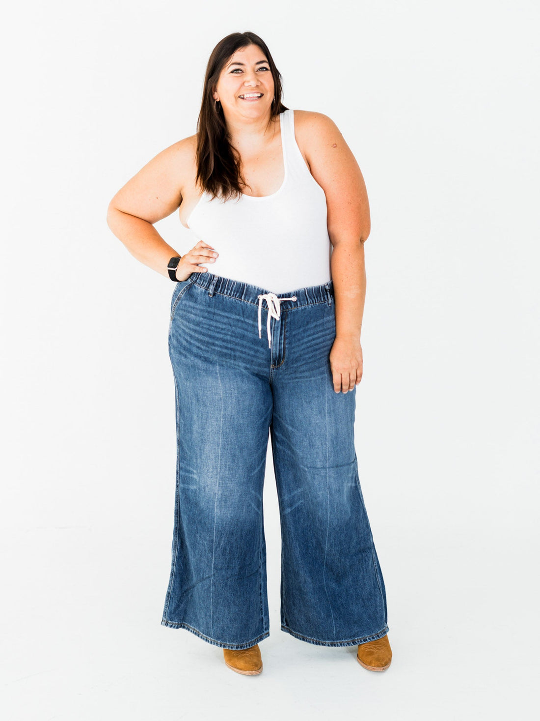 Judy Blue High Waist Palazzo Jeans With Drawstring Waist - Whiskey Skies - JUDY BLUE