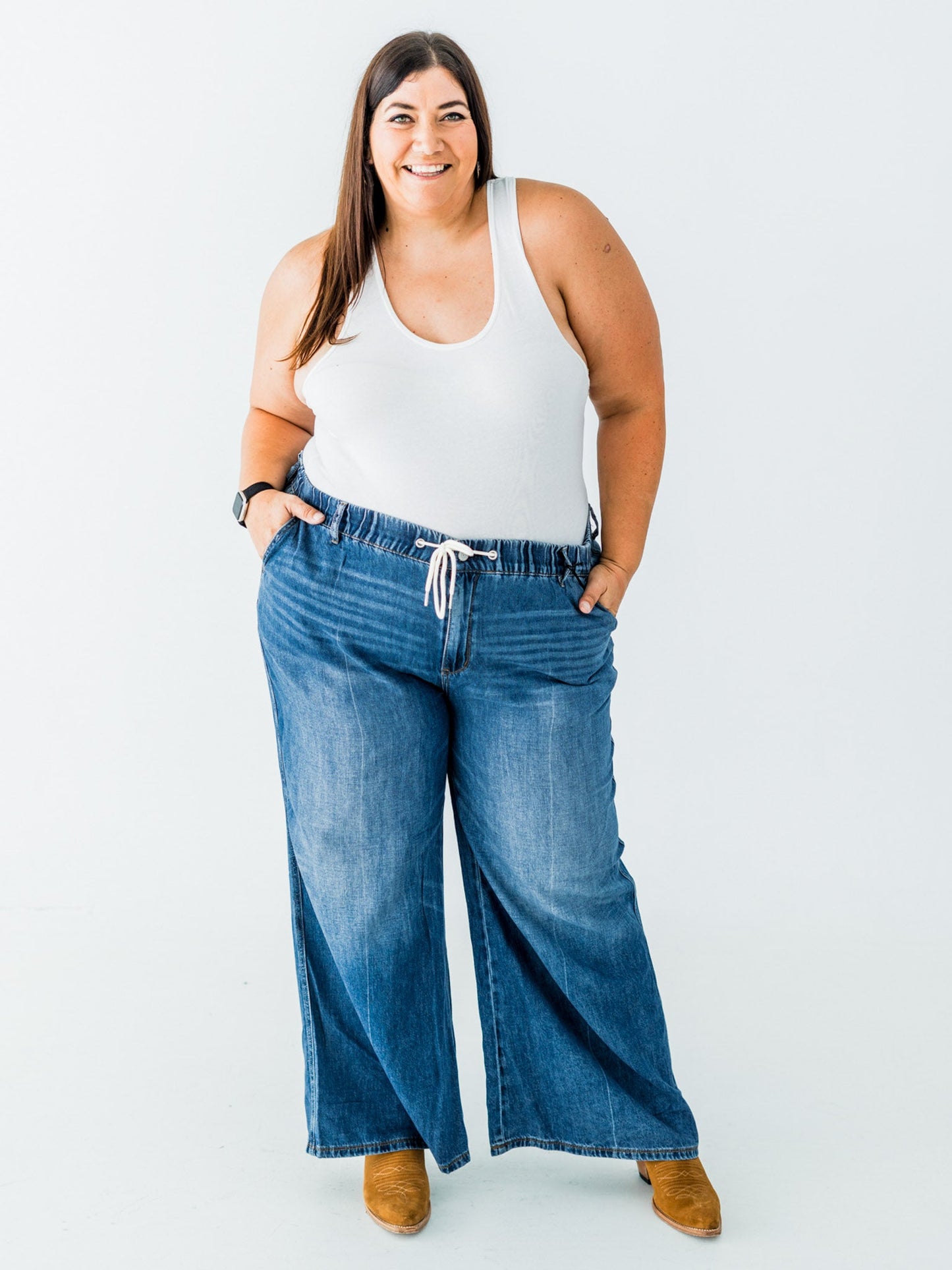 Judy Blue High Waist Palazzo Jeans With Drawstring Waist - Whiskey Skies - JUDY BLUE