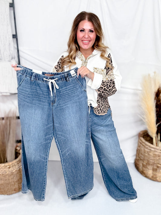 Judy Blue High Waist Palazzo Jeans With Drawstring Waist - Whiskey Skies - JUDY BLUE