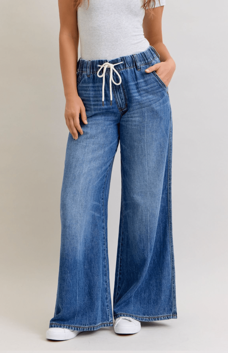 Judy Blue High Waist Palazzo Jeans With Drawstring Waist - Whiskey Skies - JUDY BLUE