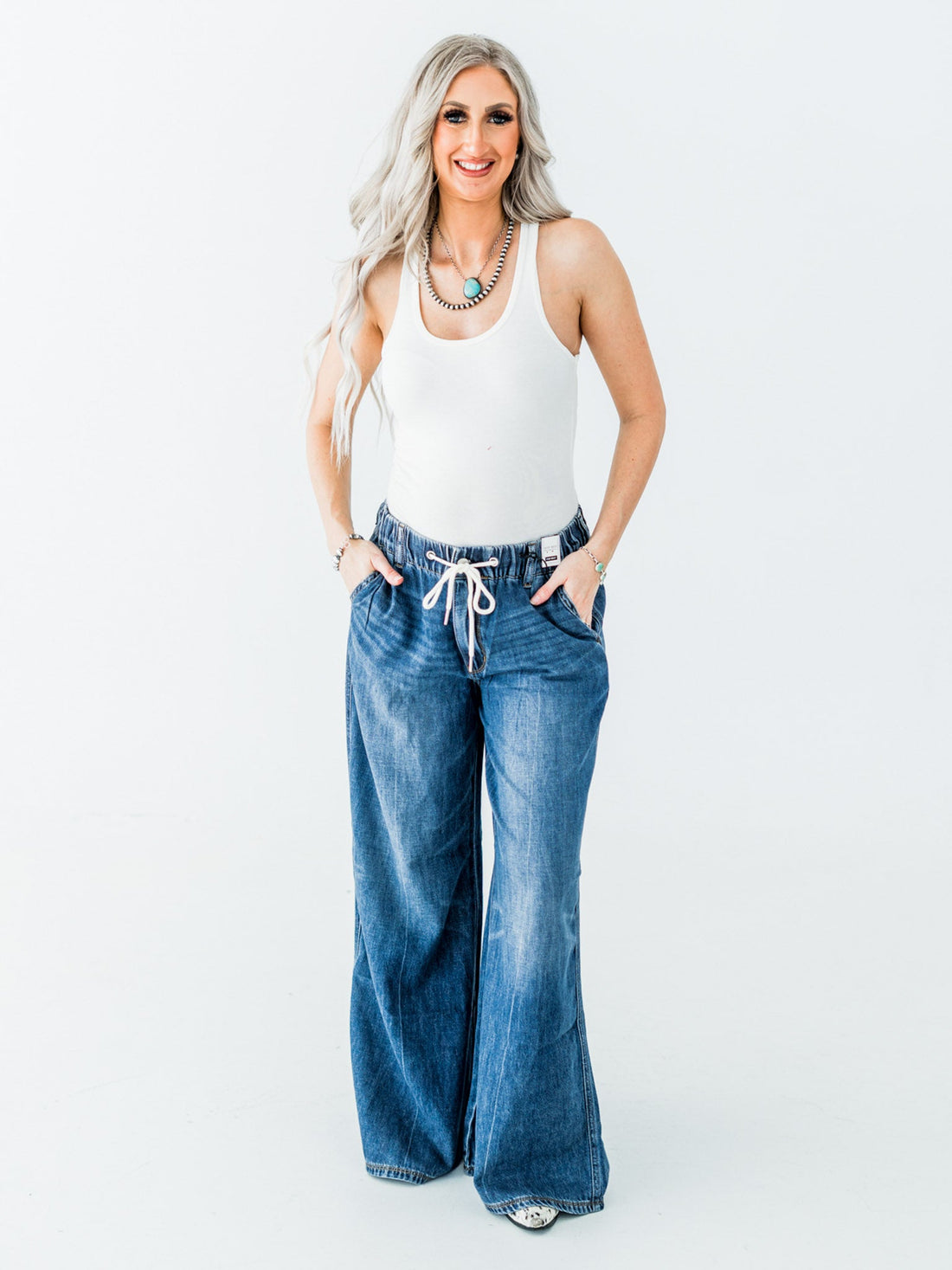 Judy Blue High Waist Palazzo Jeans With Drawstring Waist - Whiskey Skies - JUDY BLUE