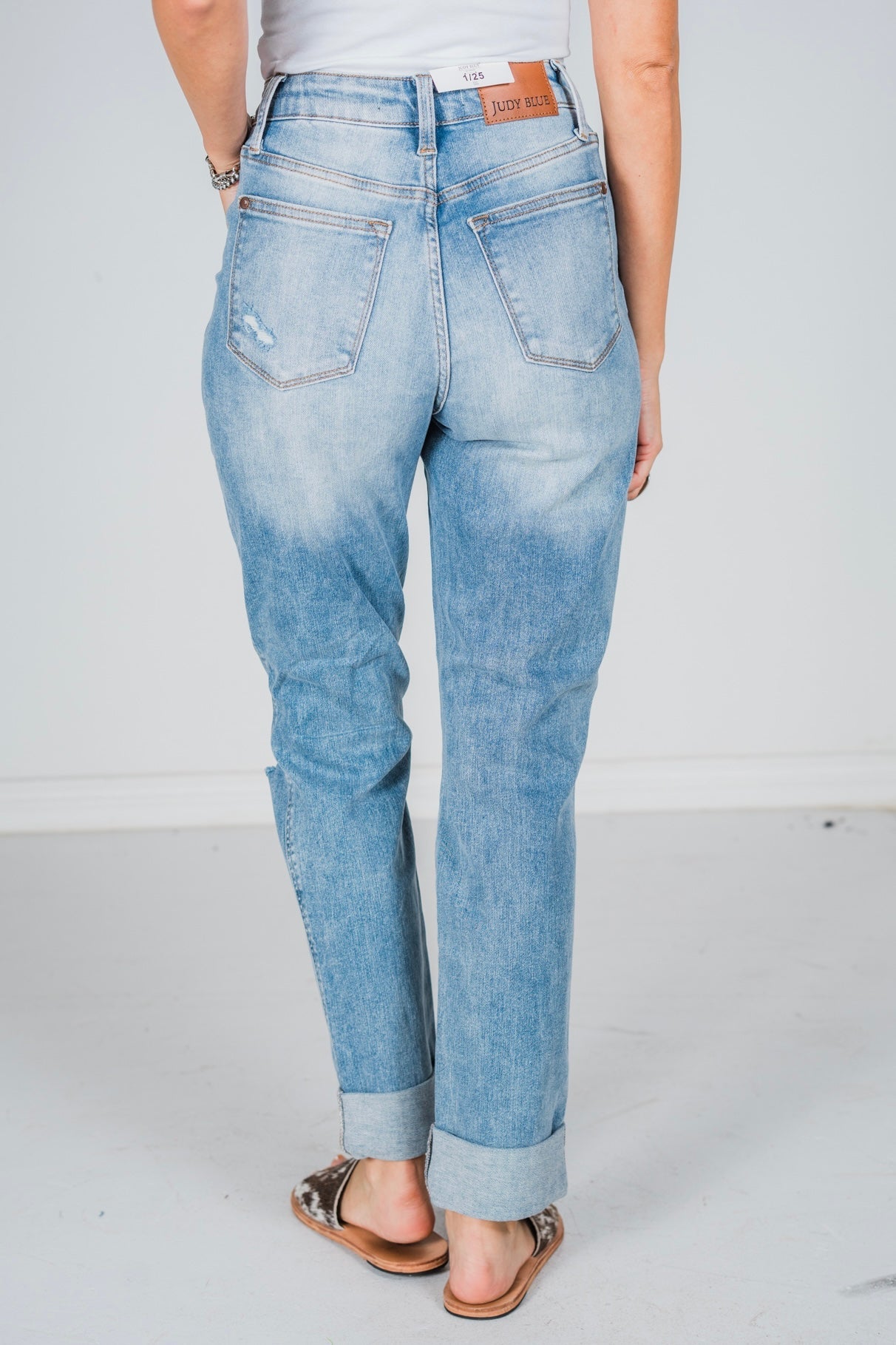 Judy Blue High Waist Patch Pocket Destroy Boyfriend Jeans - Whiskey Skies - JUDY BLUE