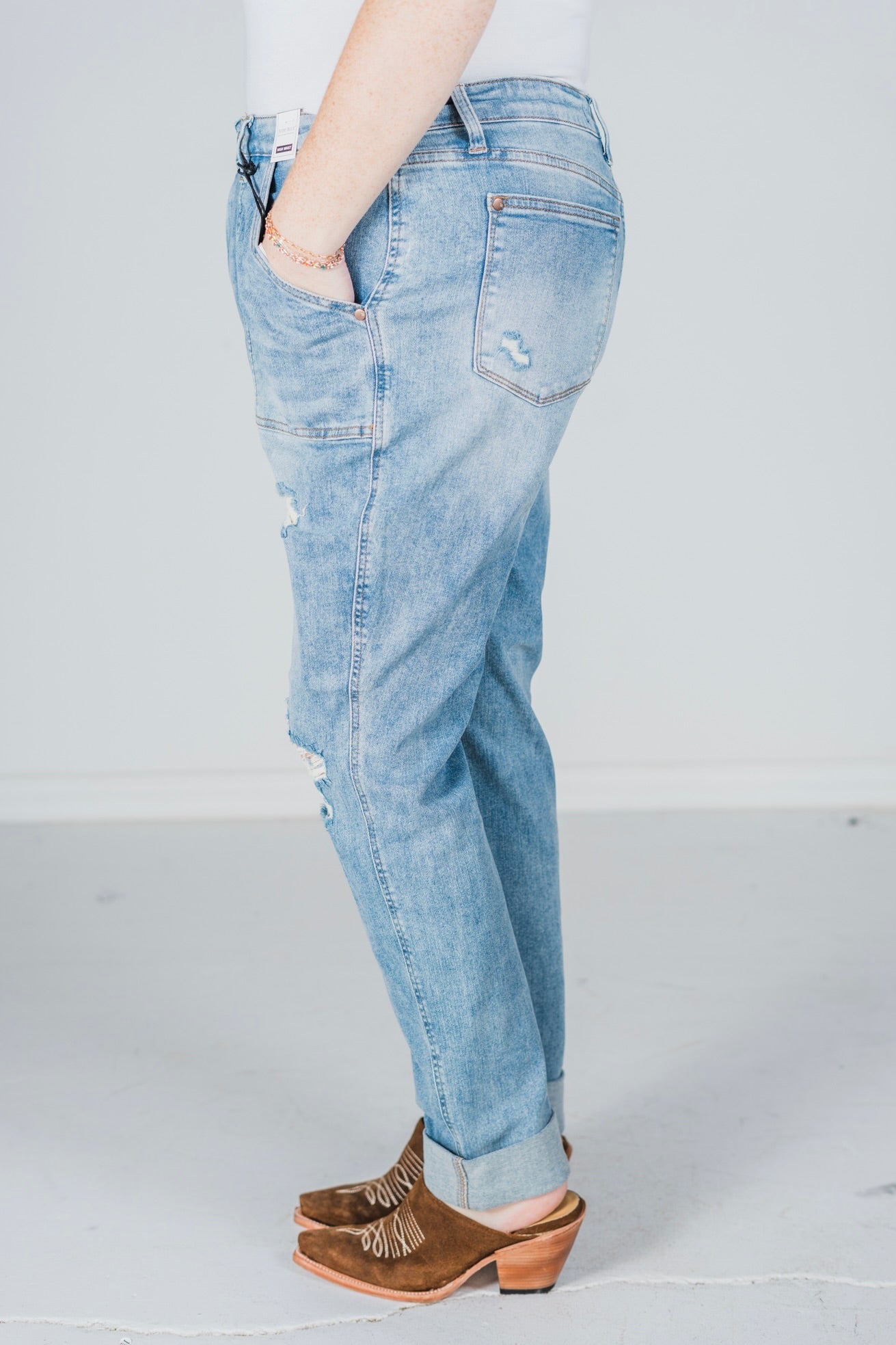 Judy Blue High Waist Patch Pocket Destroy Boyfriend Jeans - Whiskey Skies - JUDY BLUE