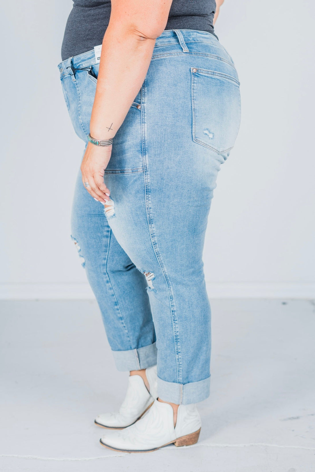 Judy Blue High Waist Patch Pocket Destroy Boyfriend Jeans - Whiskey Skies - JUDY BLUE