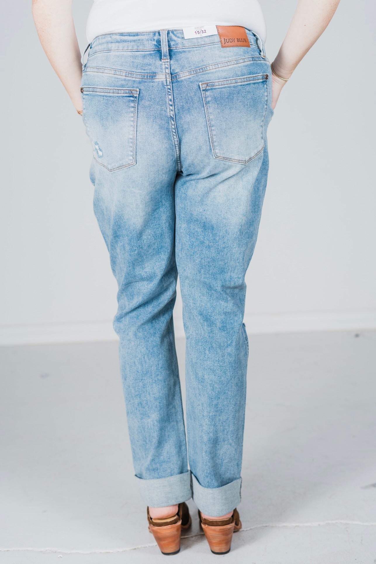 Judy Blue High Waist Patch Pocket Destroy Boyfriend Jeans - Whiskey Skies - JUDY BLUE