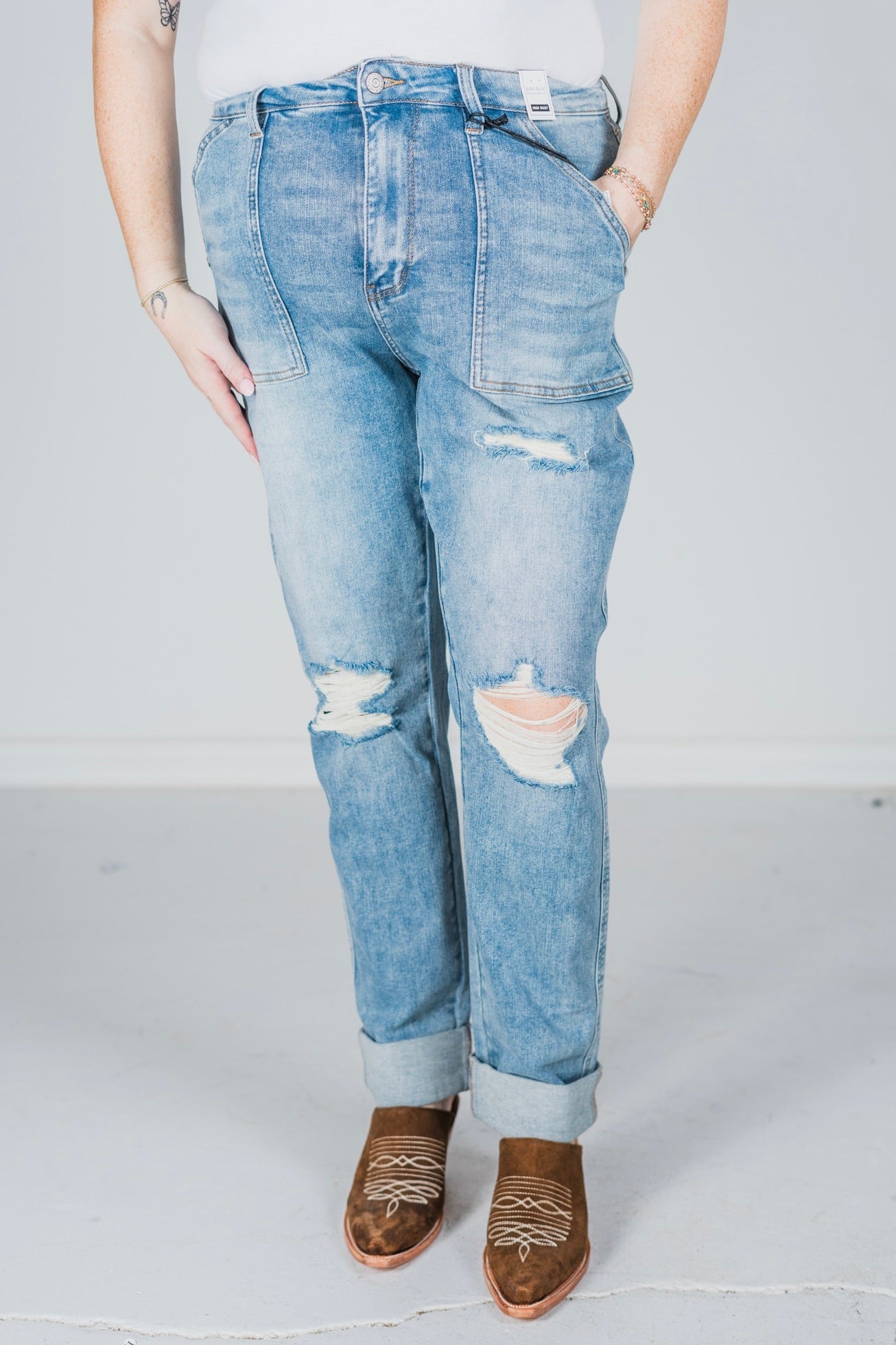 Judy Blue High Waist Patch Pocket Destroy Boyfriend Jeans - Whiskey Skies - JUDY BLUE