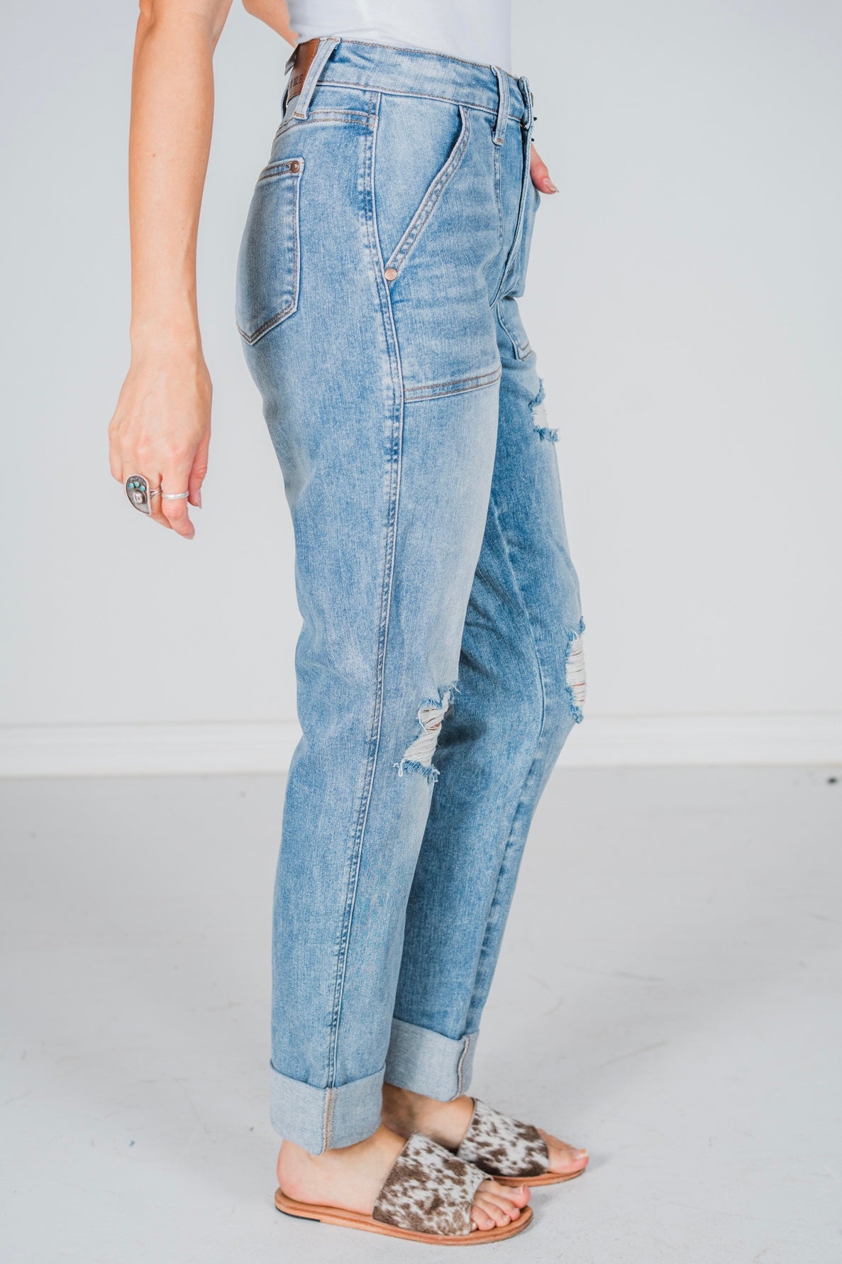 Judy Blue High Waist Patch Pocket Destroy Boyfriend Jeans - Whiskey Skies - JUDY BLUE