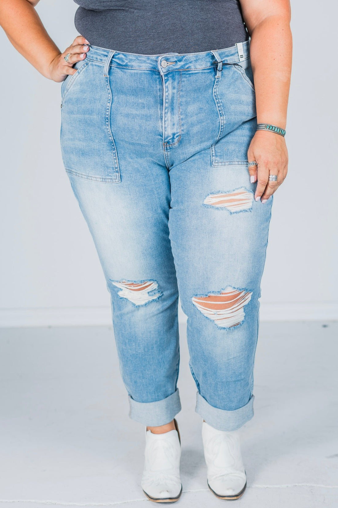 Judy Blue High Waist Patch Pocket Destroy Boyfriend Jeans - Whiskey Skies - JUDY BLUE