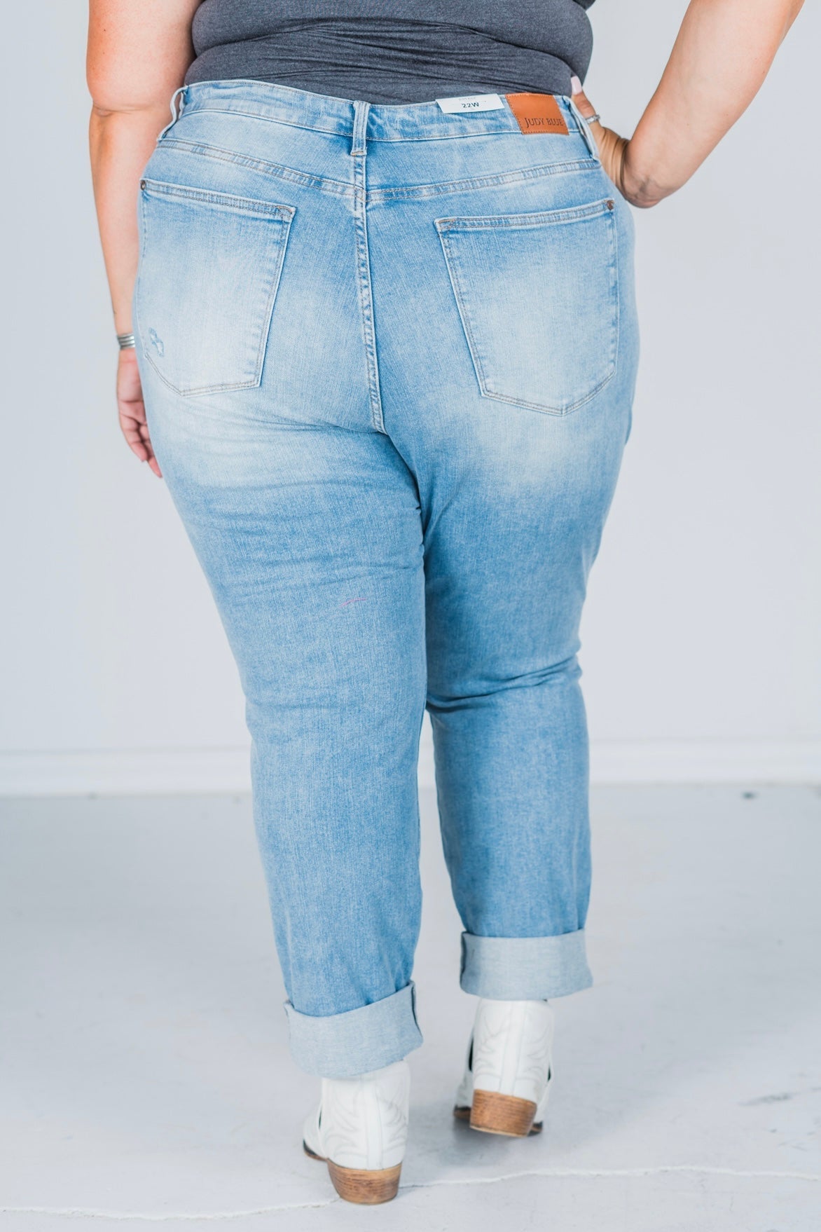 Judy Blue High Waist Patch Pocket Destroy Boyfriend Jeans - Whiskey Skies - JUDY BLUE