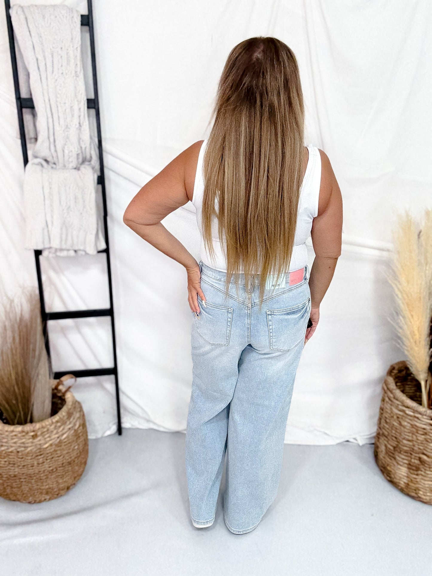 Judy Blue High Waist Petite Tummy Control Retro Wide Leg Jeans - Whiskey Skies - JUDY BLUE