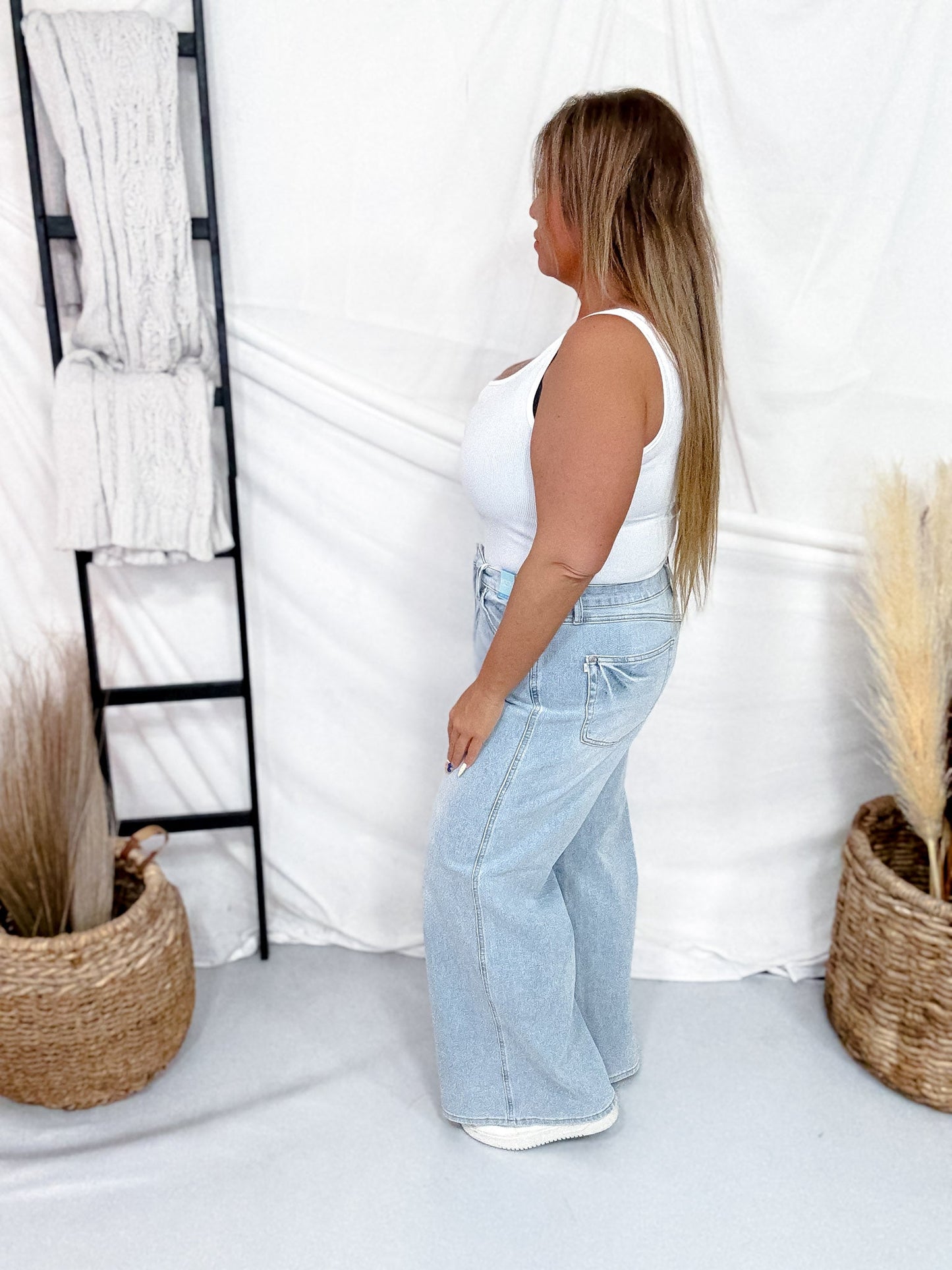 Judy Blue High Waist Petite Tummy Control Retro Wide Leg Jeans - Whiskey Skies - JUDY BLUE