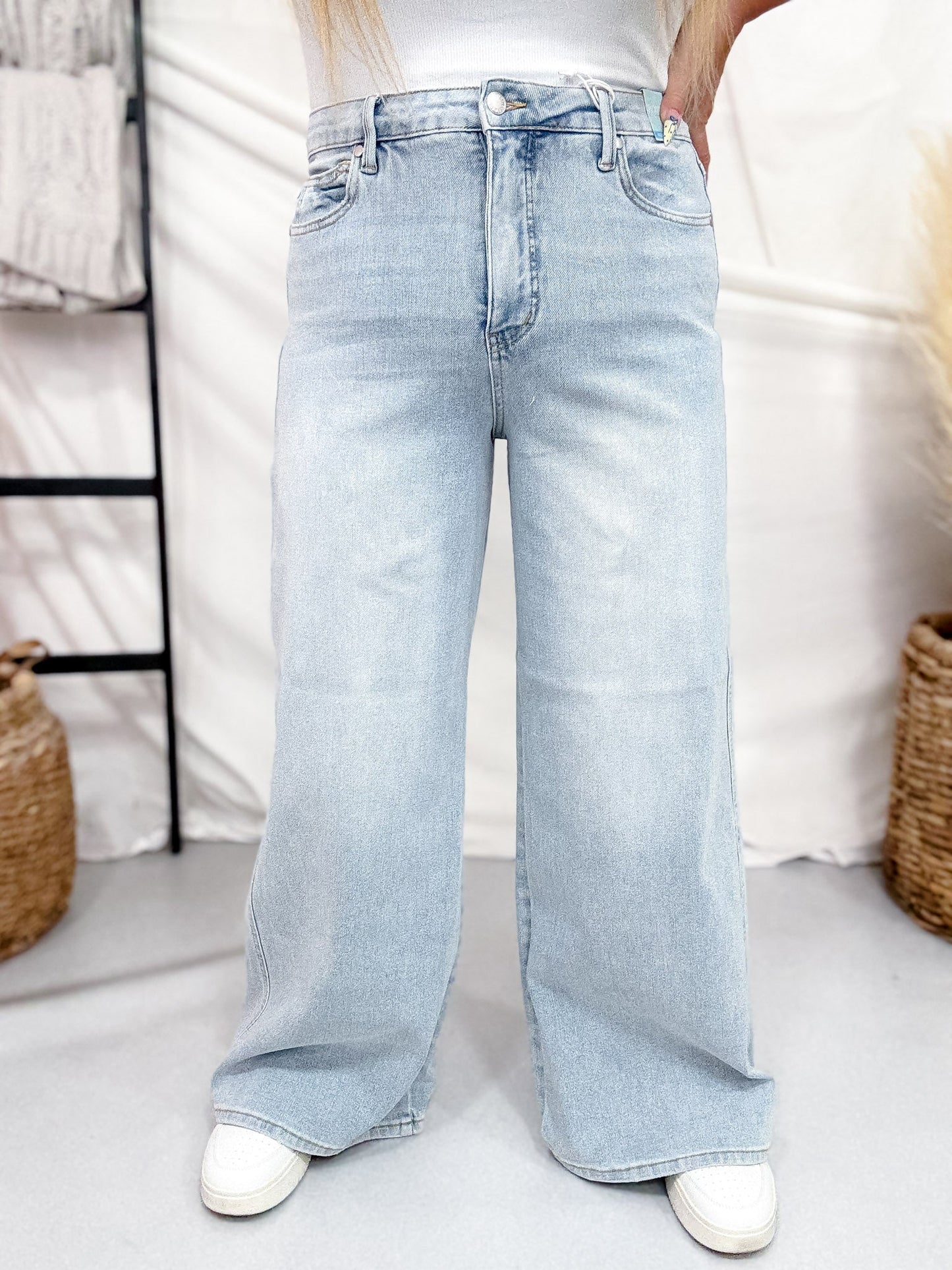 Judy Blue High Waist Petite Tummy Control Retro Wide Leg Jeans - Whiskey Skies - JUDY BLUE