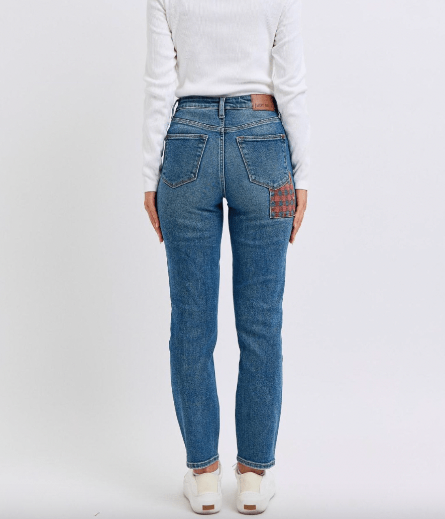 Judy Blue High Waist Plaid Patch Slim Jeans - Whiskey Skies - JUDY BLUE