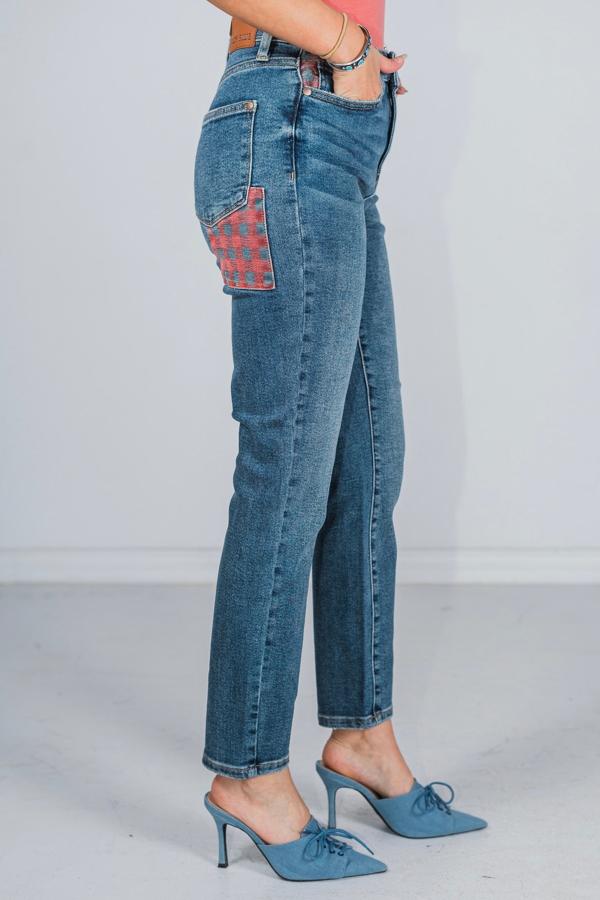 Judy Blue High Waist Plaid Patch Slim Jeans - Whiskey Skies - JUDY BLUE