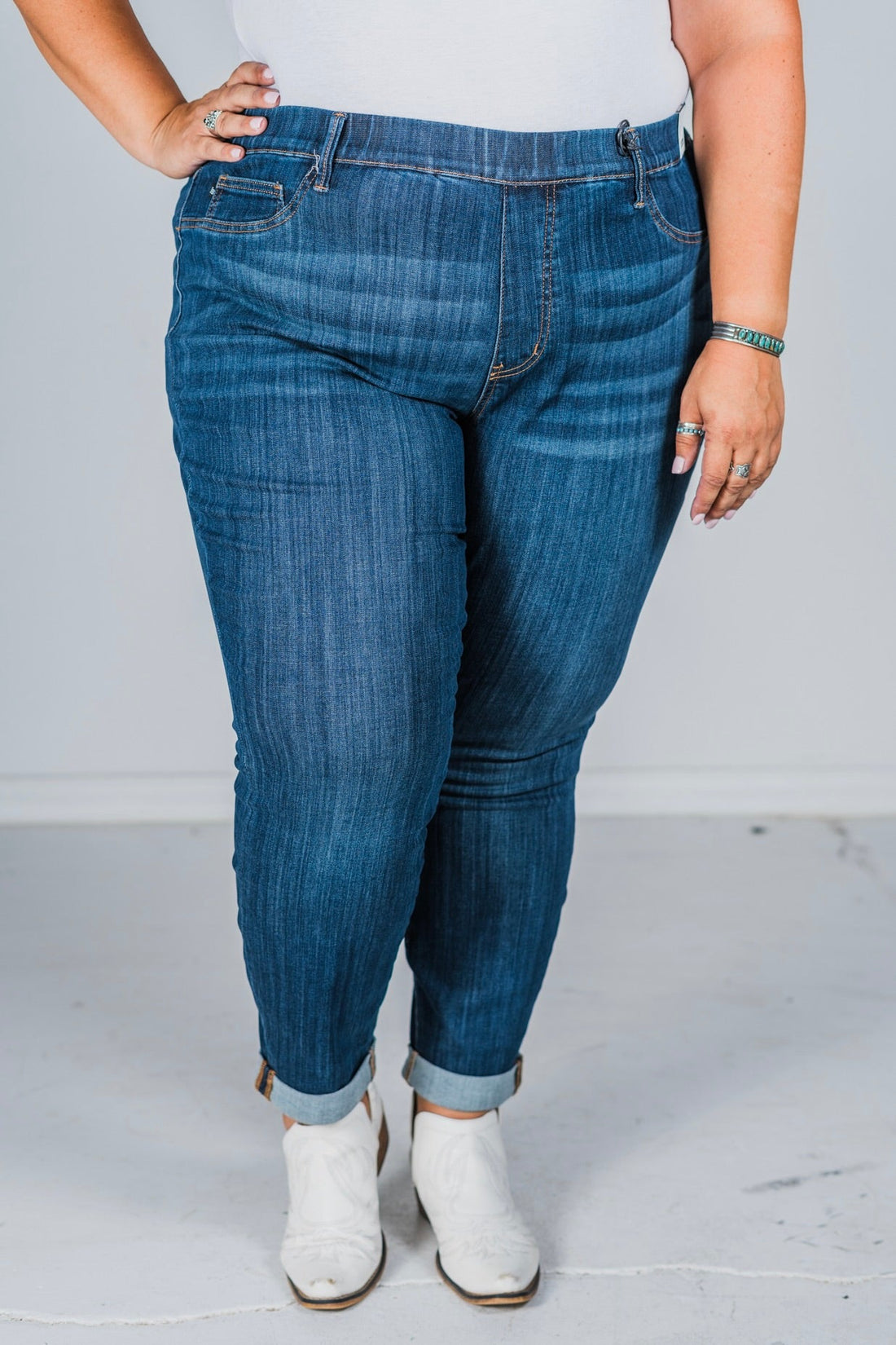 Judy Blue High Waist Pull On Double Cuff Slim Jeans - Whiskey Skies - JUDY BLUE