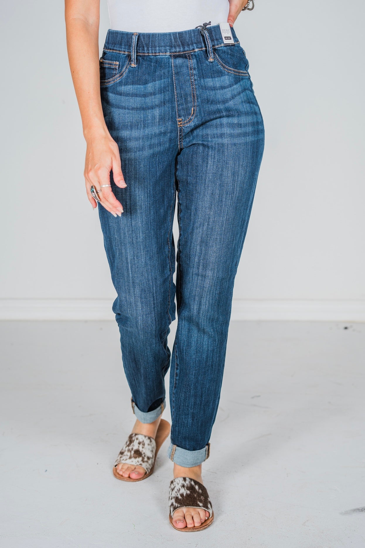 Judy Blue High Waist Pull On Double Cuff Slim Jeans - Whiskey Skies - JUDY BLUE