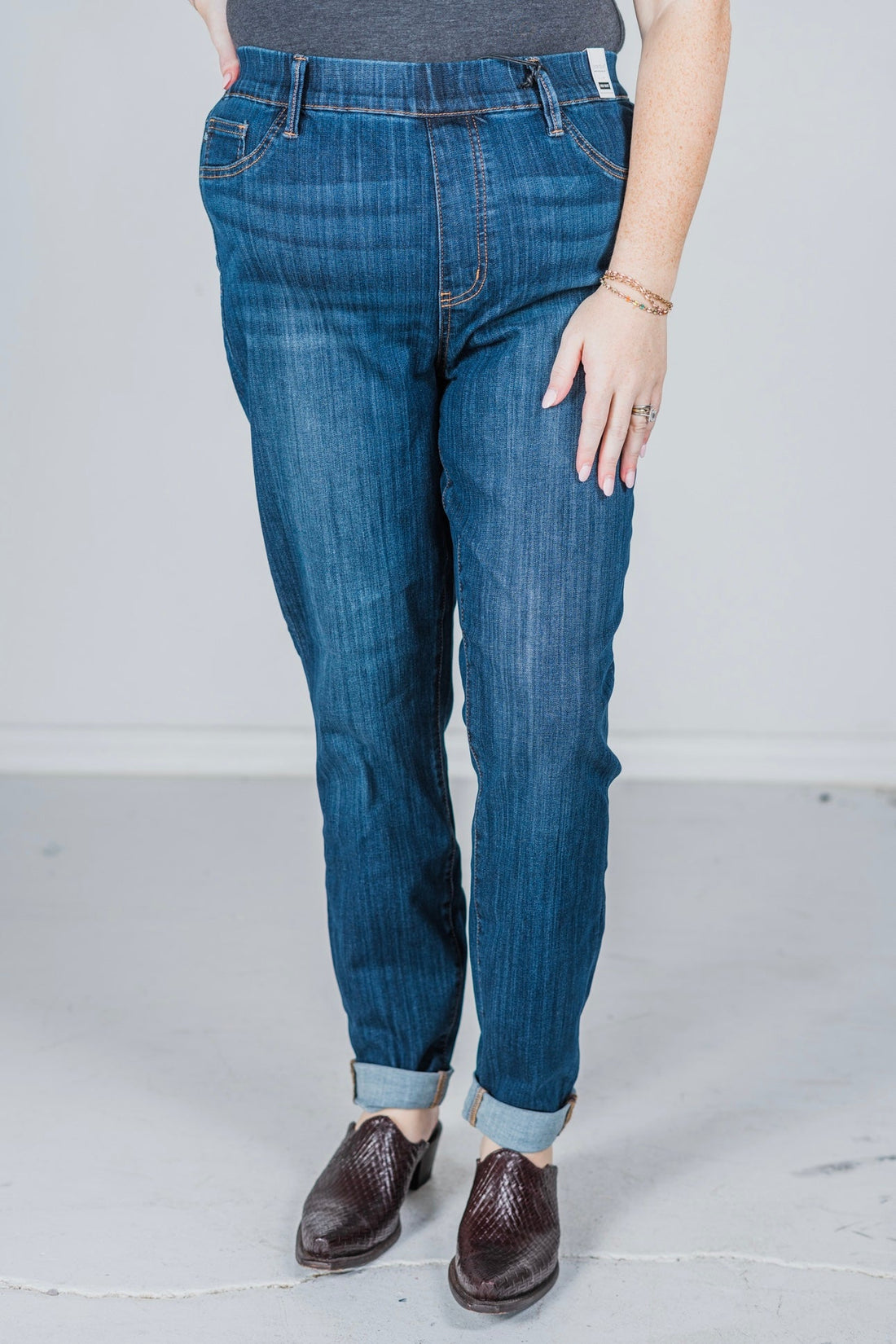 Judy Blue High Waist Pull On Double Cuff Slim Jeans - Whiskey Skies - JUDY BLUE