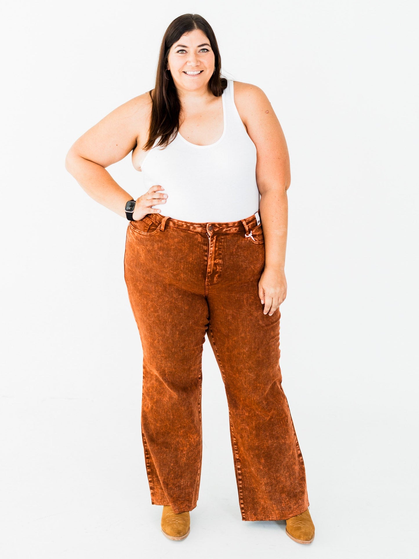 Judy Blue High Waist Pumpkin Spice Dyed Raw Hem Retro Wide - Whiskey Skies - JUDY BLUE