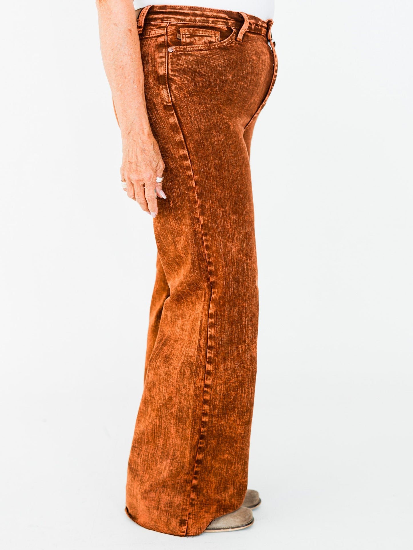 Judy Blue High Waist Pumpkin Spice Dyed Raw Hem Retro Wide - Whiskey Skies - JUDY BLUE