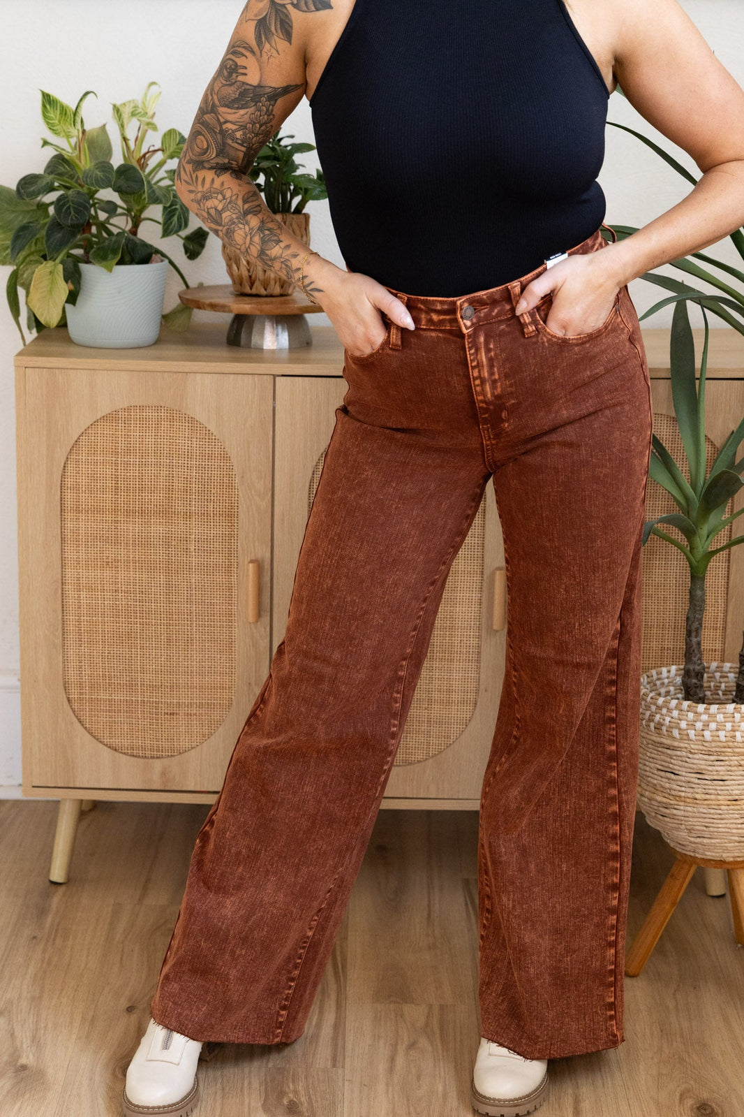 Judy Blue High Waist Pumpkin Spice Dyed Raw Hem Retro Wide