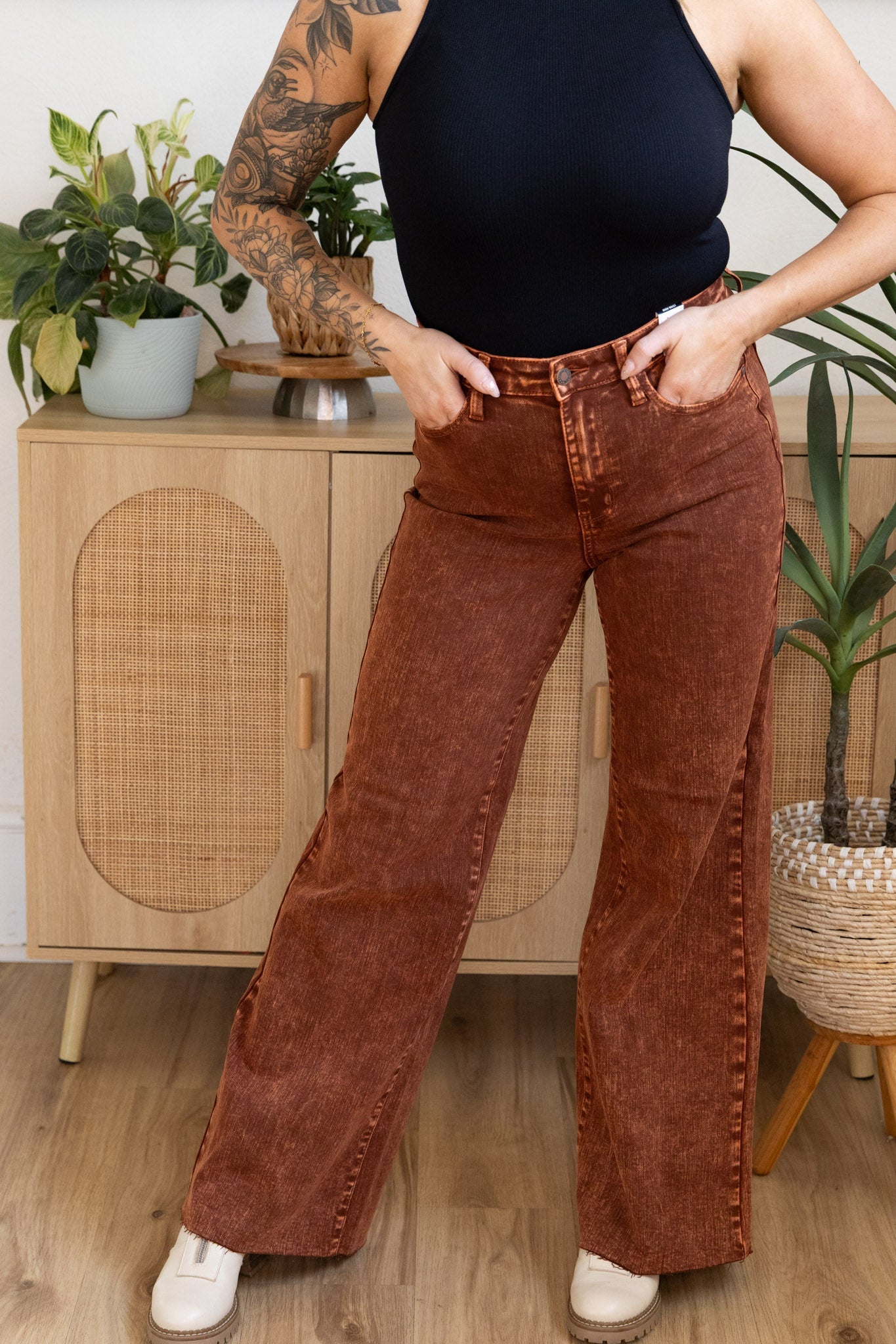 Judy Blue High Waist Pumpkin Spice Dyed Raw Hem Retro Wide - Whiskey Skies - JUDY BLUE
