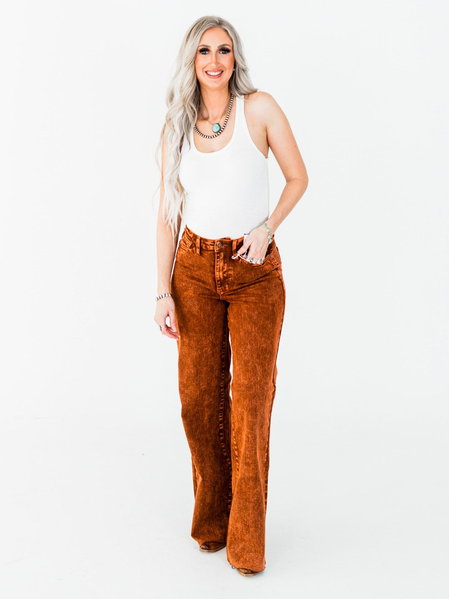Judy Blue High Waist Pumpkin Spice Dyed Raw Hem Retro Wide - Whiskey Skies - JUDY BLUE