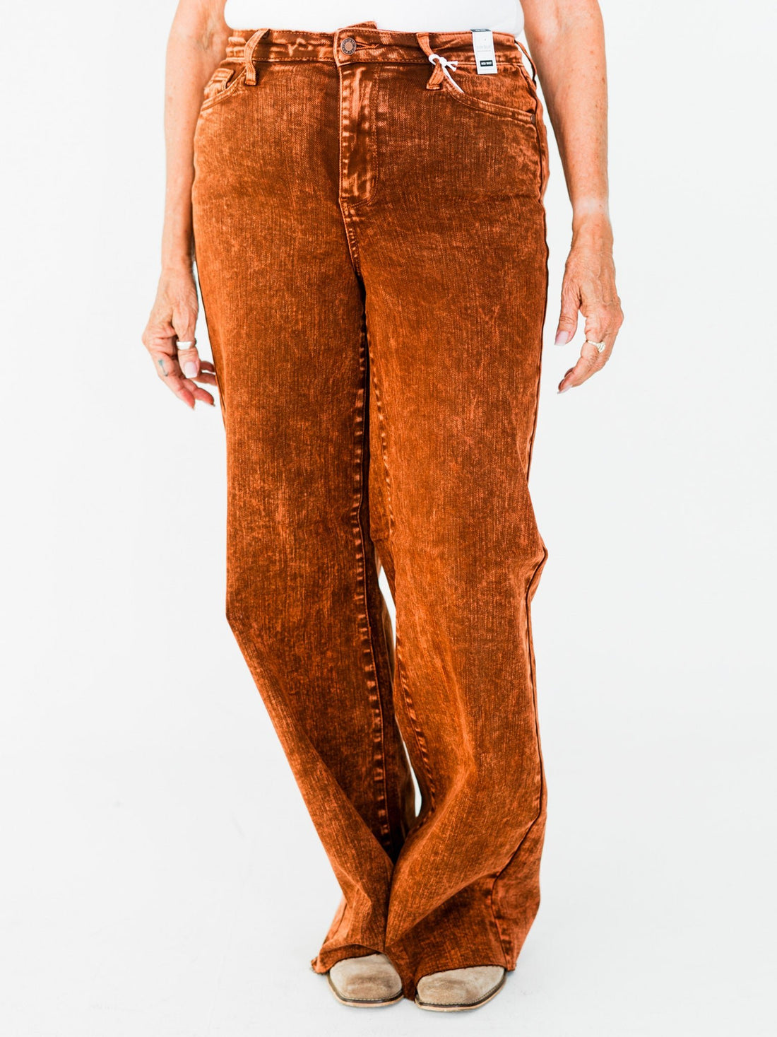 Judy Blue High Waist Pumpkin Spice Dyed Raw Hem Retro Wide - Whiskey Skies - JUDY BLUE