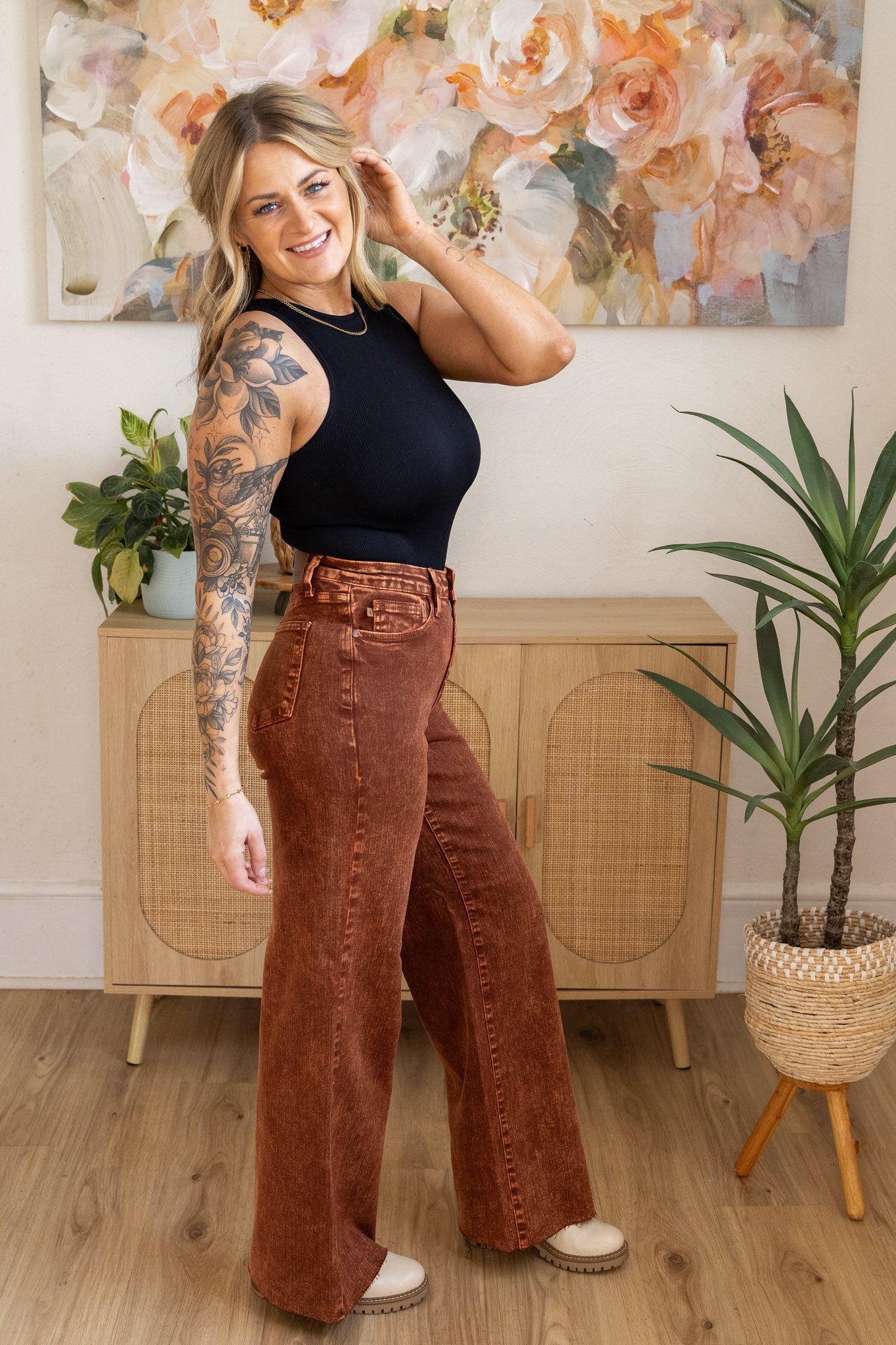 Judy Blue High Waist Pumpkin Spice Dyed Raw Hem Retro Wide - Whiskey Skies - JUDY BLUE