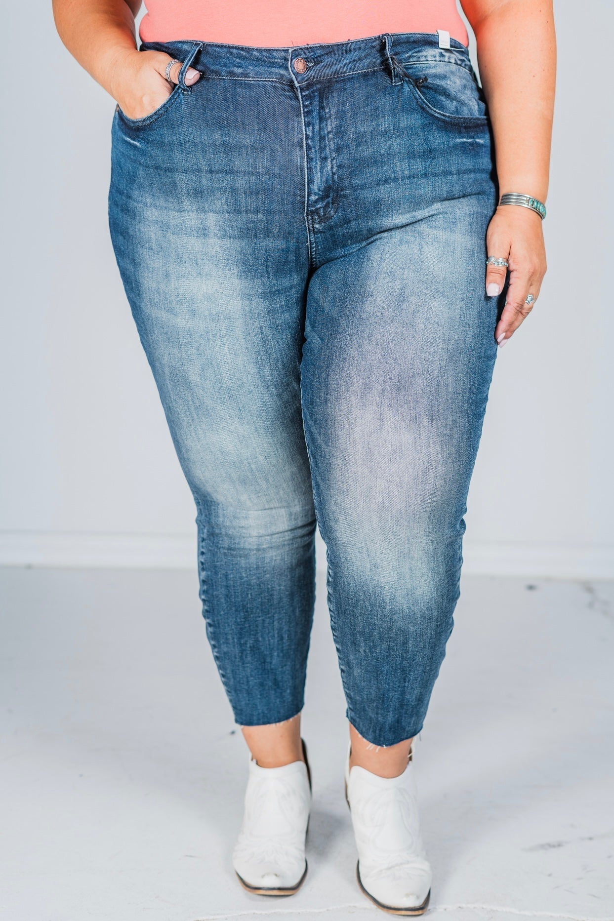 Judy Blue High Waist Raw Hem Relax Fit Jeans - Whiskey Skies - JUDY BLUE