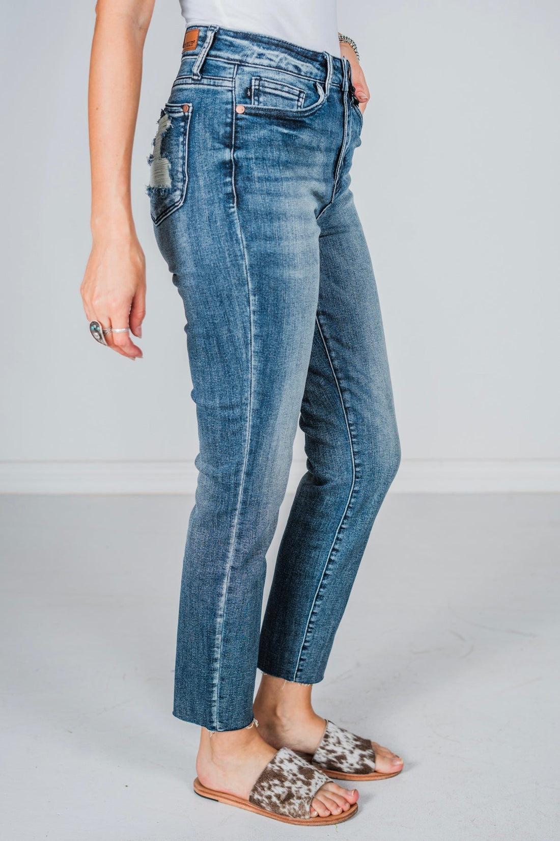 Judy Blue High Waist Raw Hem Relax Fit Jeans - Whiskey Skies - JUDY BLUE