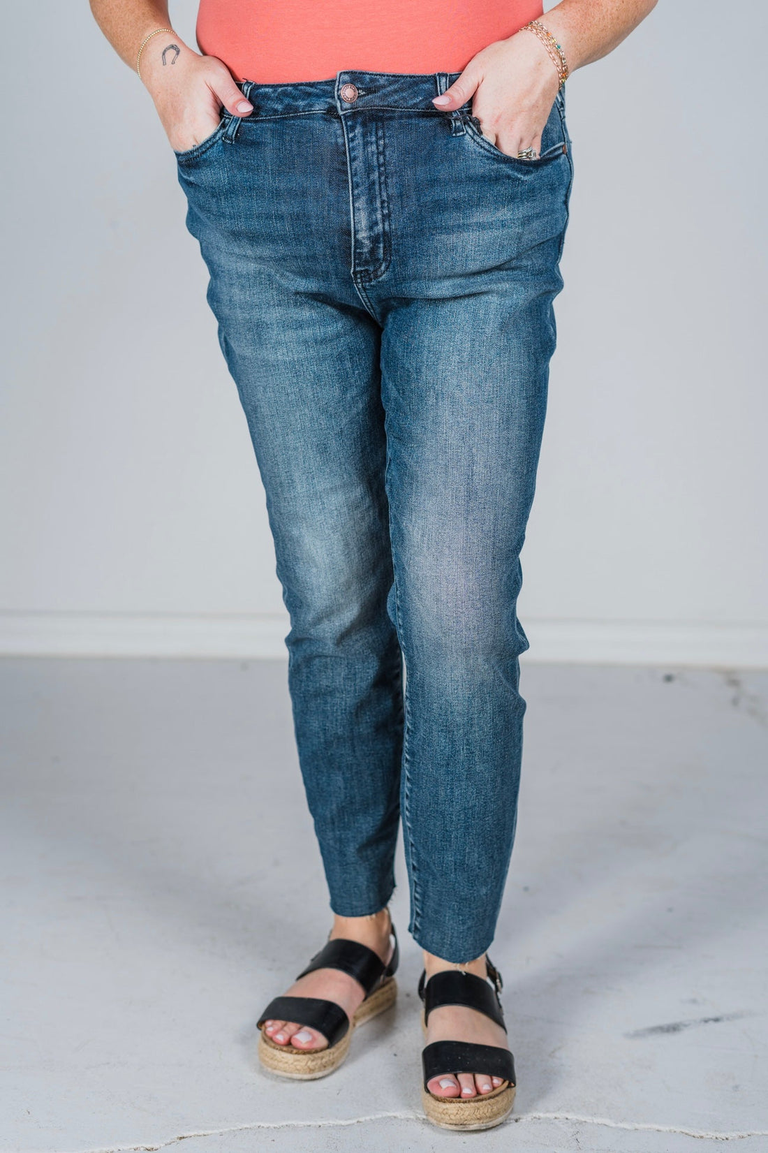 Judy Blue High Waist Raw Hem Relax Fit Jeans - Whiskey Skies - JUDY BLUE