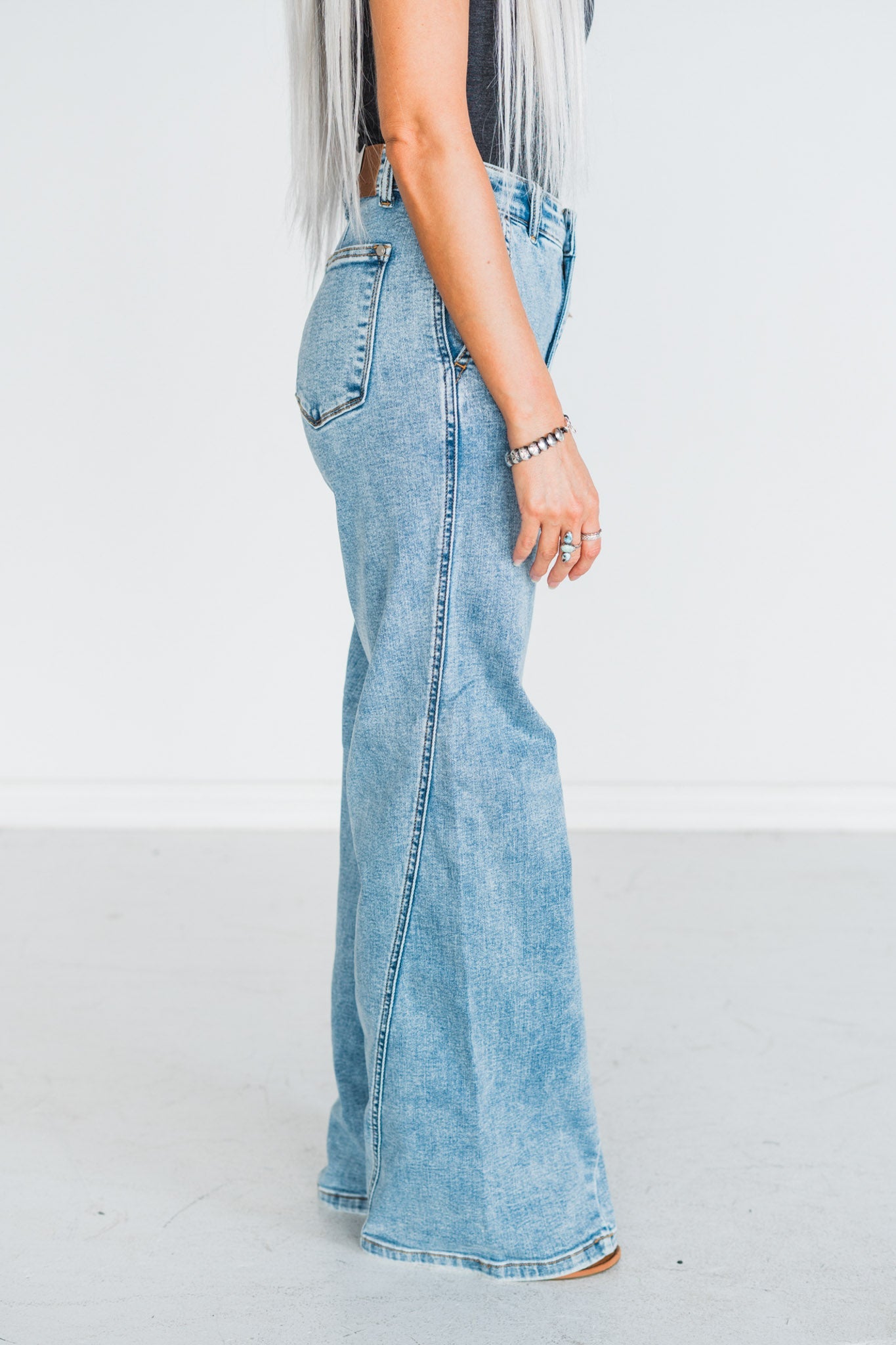 Judy Blue High Waist Retro Wide Fit Jeans with Skewed Inseam - Whiskey Skies - JUDY BLUE